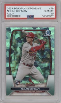 Nolan Gorman from the 2023 Bowman Chrome Sapphire Edition set featuring a Aqua parallel graded by PSA and given an overall grade of 10.