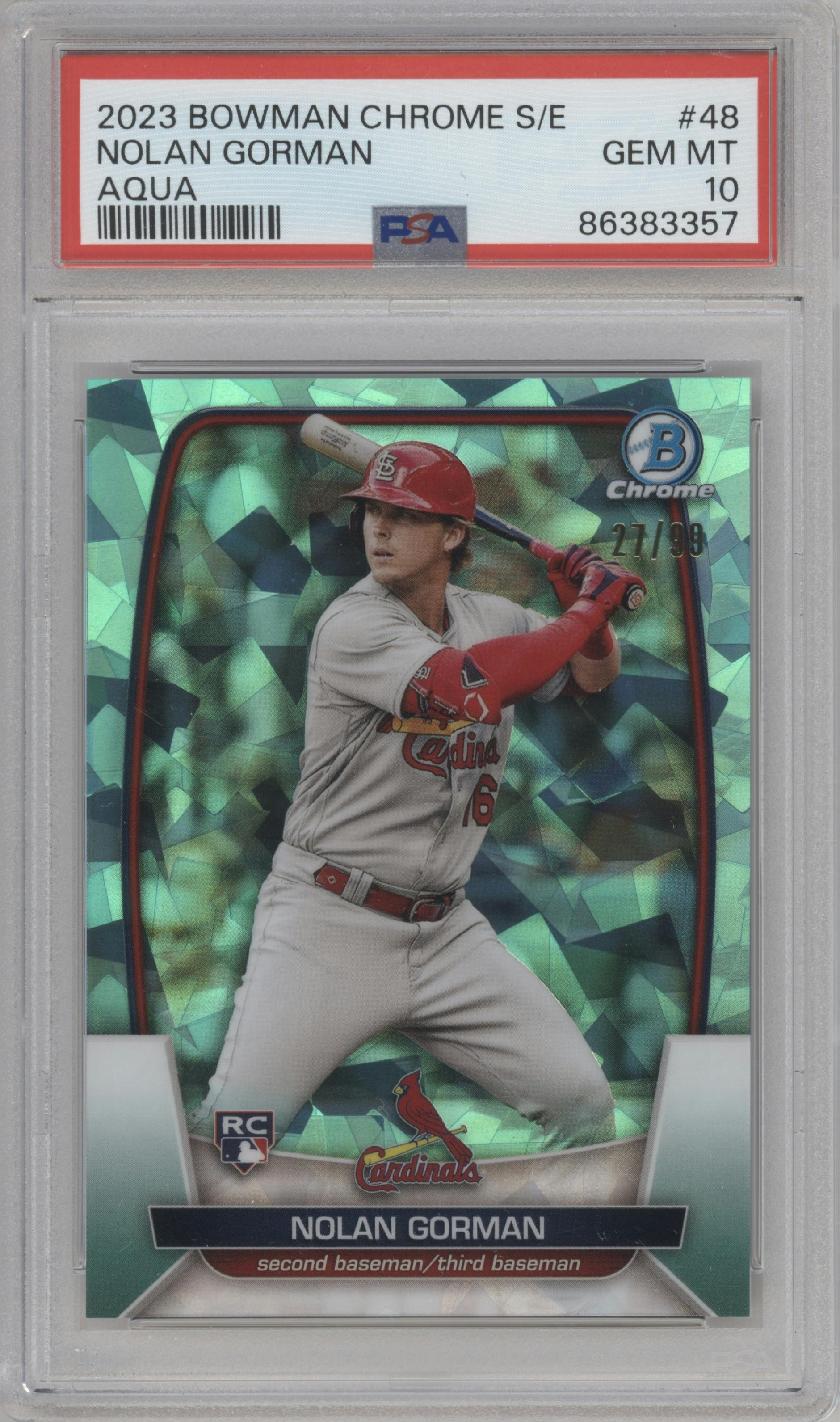 Nolan Gorman from the 2023 Bowman Chrome Sapphire Edition set featuring a Aqua parallel graded by PSA and given an overall grade of 10.