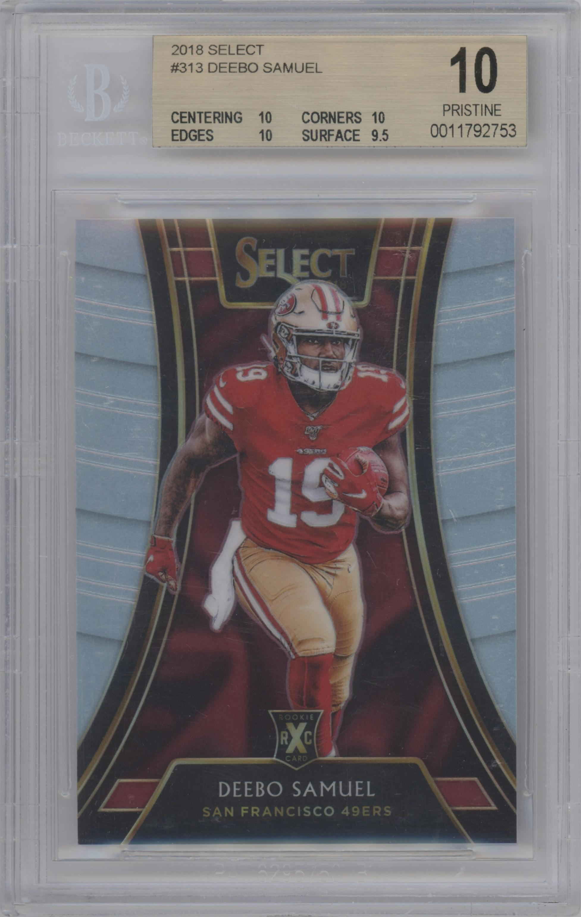 Deebo Samuel from the 2018 Panini Select set graded by Beckett and given an overall grade of 10.
