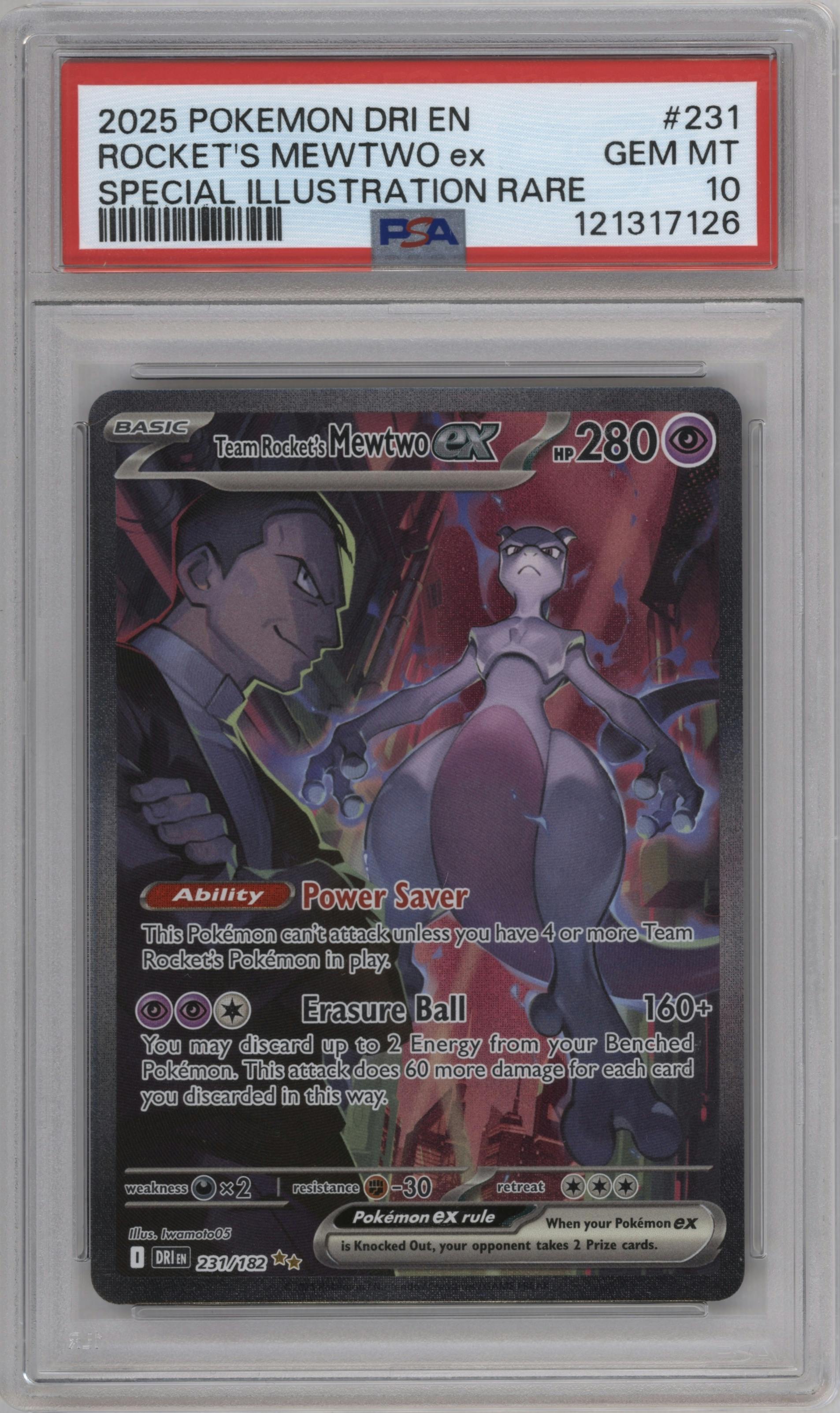 Team Rocket's Mewtwo ex from the 2025 Pokemon SV set graded by PSA and given an overall grade of 10.
