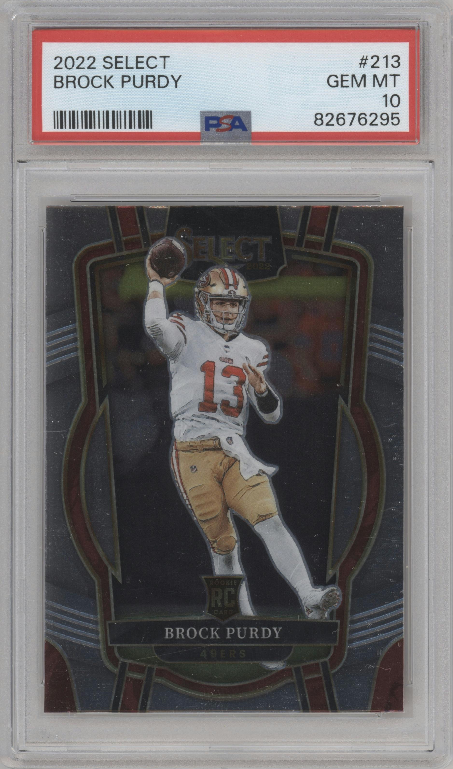 Brock Purdy from the 2022 Panini Select set graded by PSA and given an overall grade of 10.