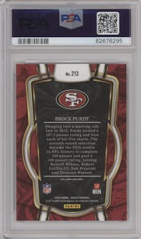 Brock Purdy from the 2022 Panini Select set graded by PSA and given an overall grade of 10.