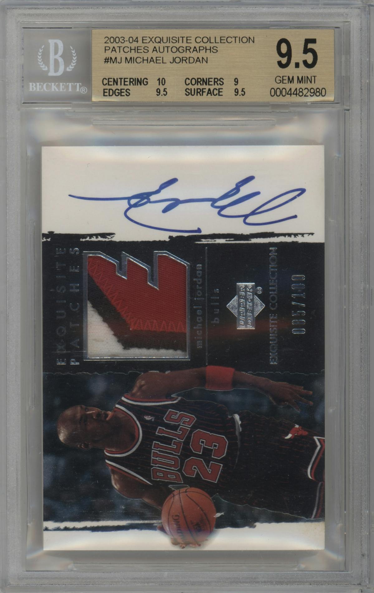 Michael Jordan from the 2003-04 Upper Deck Exquisite Collection  set graded by Beckett and given an overall grade of 9.5.