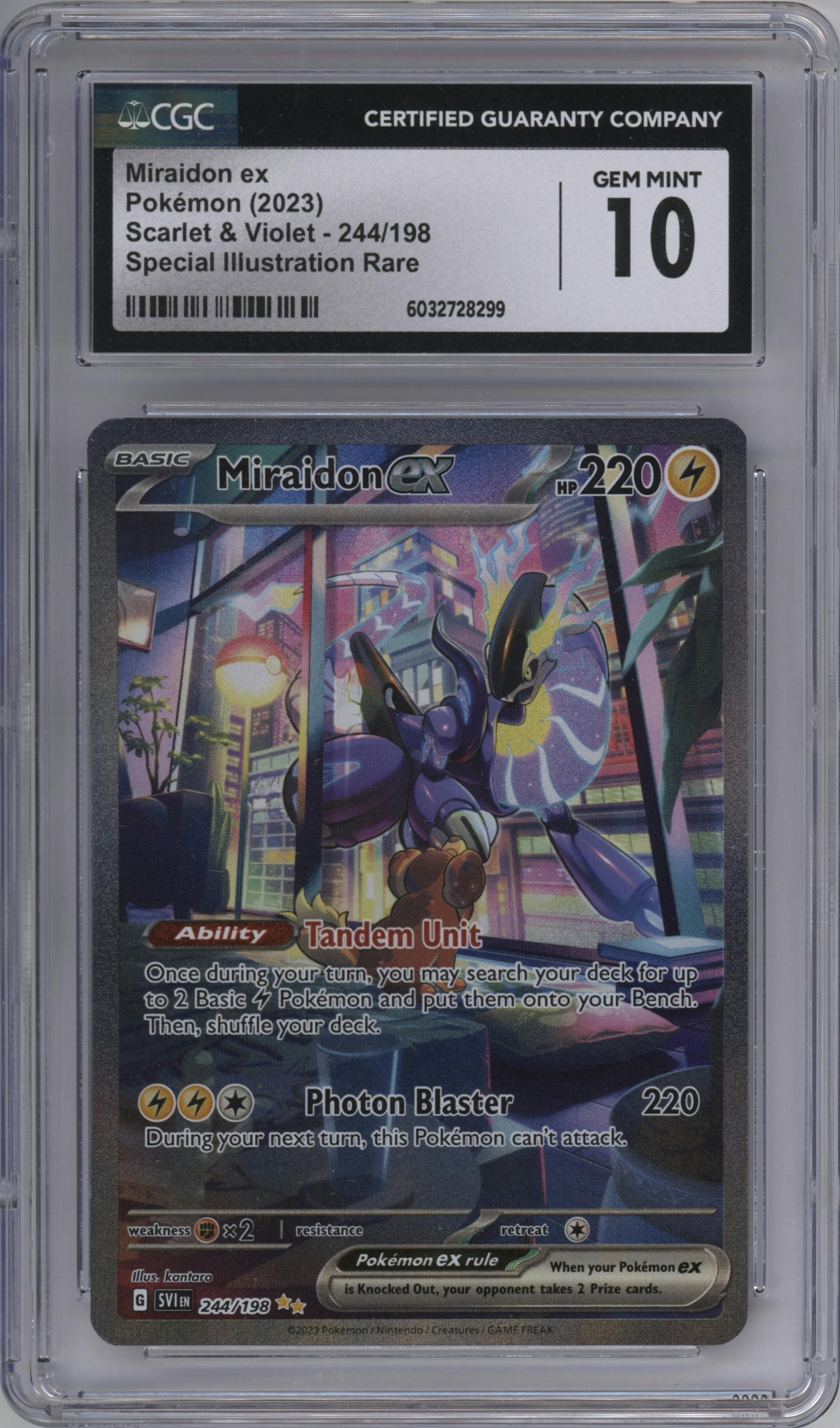 Miraidon ex from the 2023 Pokemon SV set graded by CSG and given an overall grade of 10.