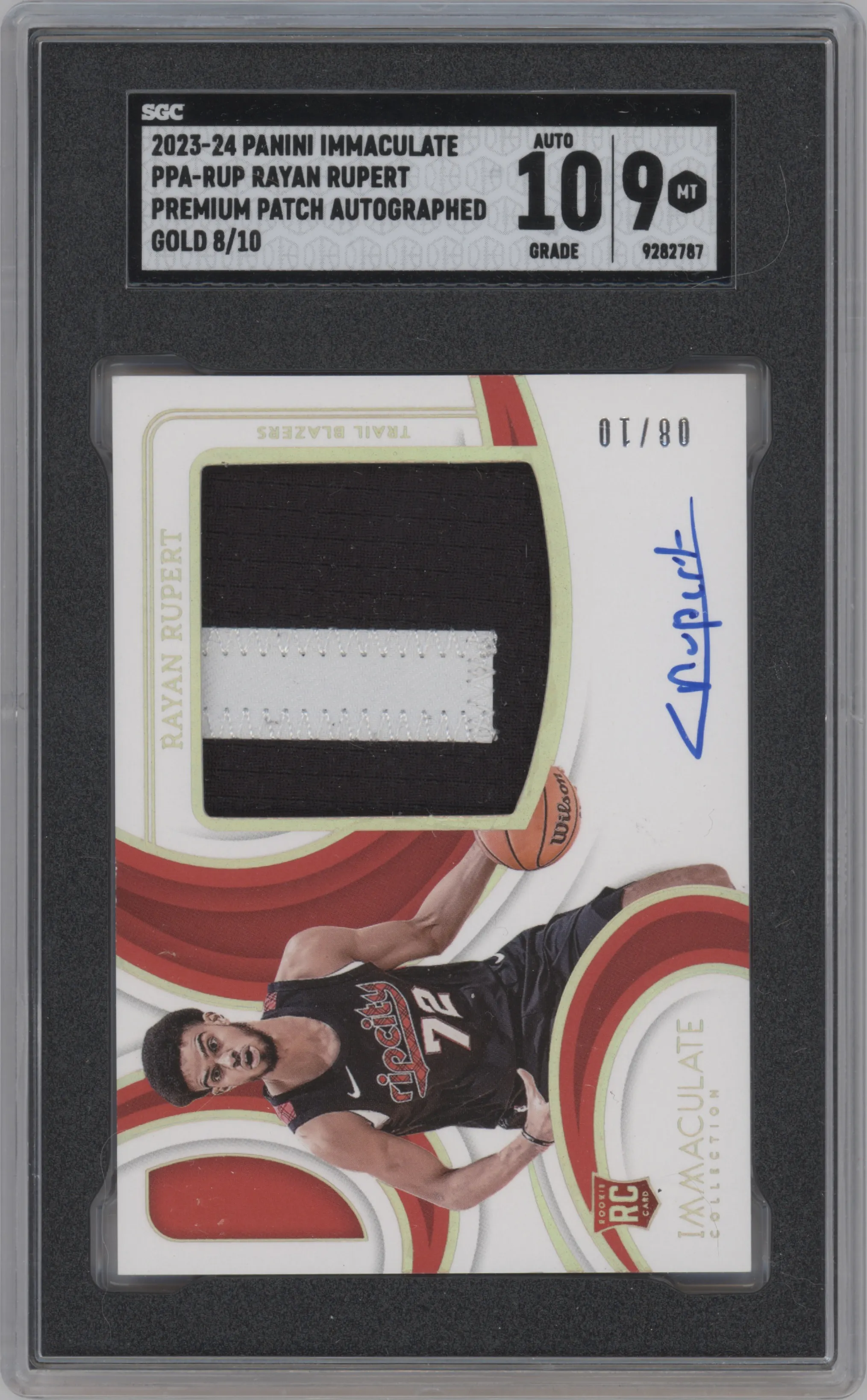 Rayan Rupert from the 2023-24 Panini Immaculate Collection set featuring a Gold parallel graded by SGC and given an overall grade of 9.