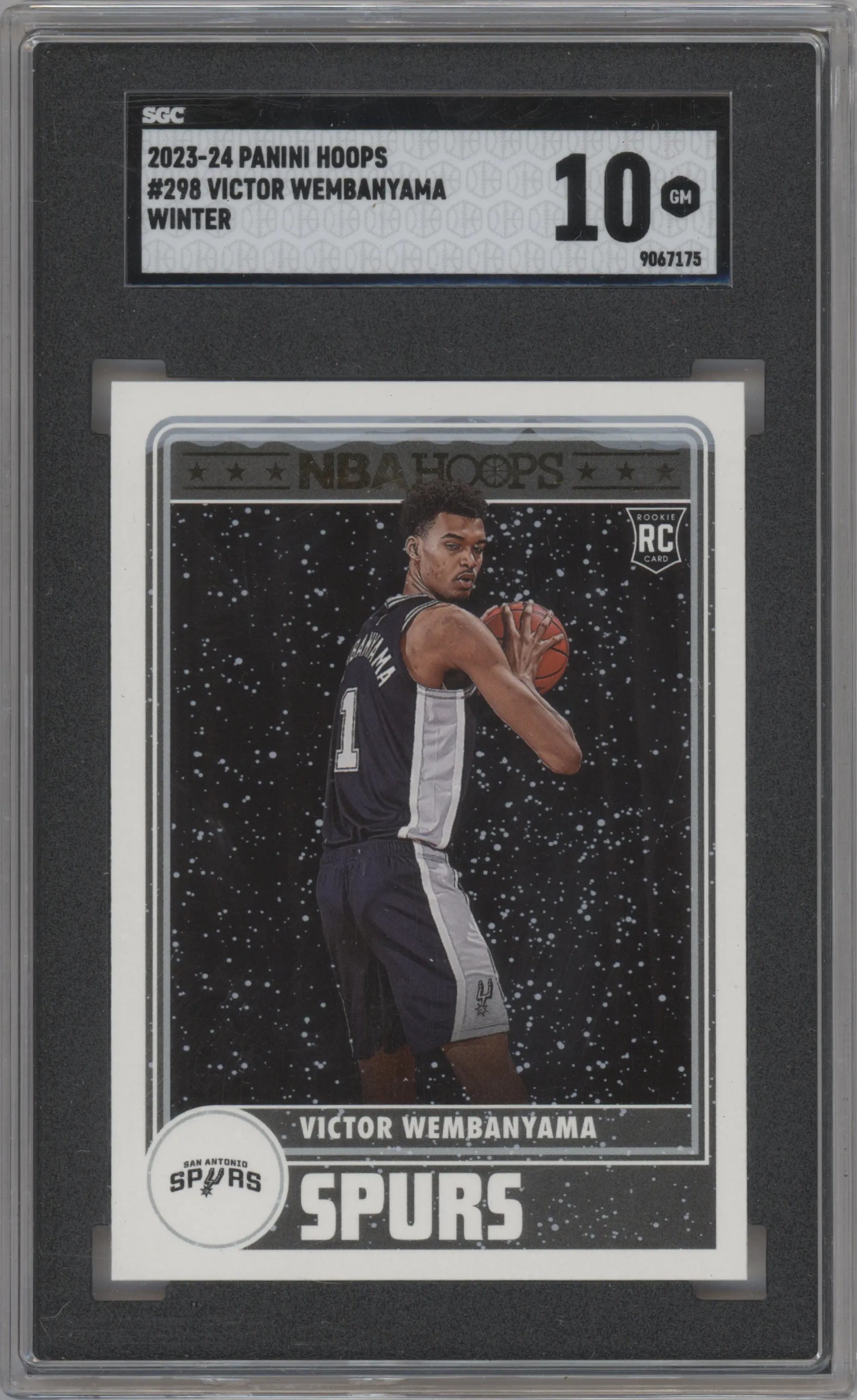 Victor Wembanyama from the 2023-24 Panini NBA Hoops set featuring a Winter parallel graded by SGC and given an overall grade of 10.