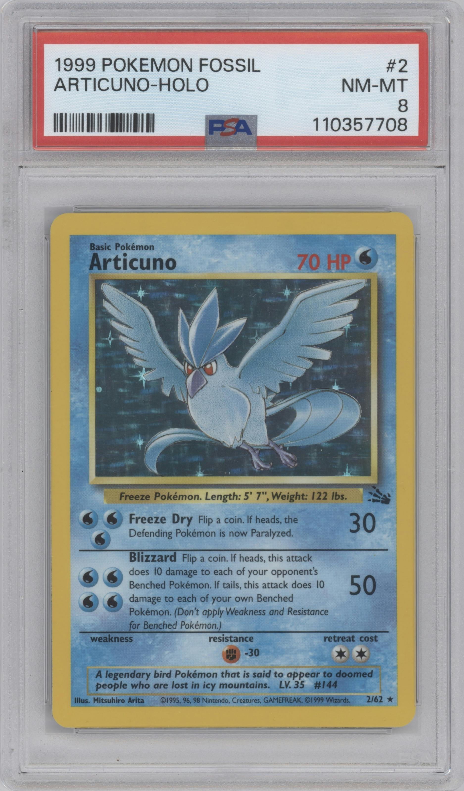 Articuno from the 1999 Pokemon set graded by PSA and given an overall grade of 8.