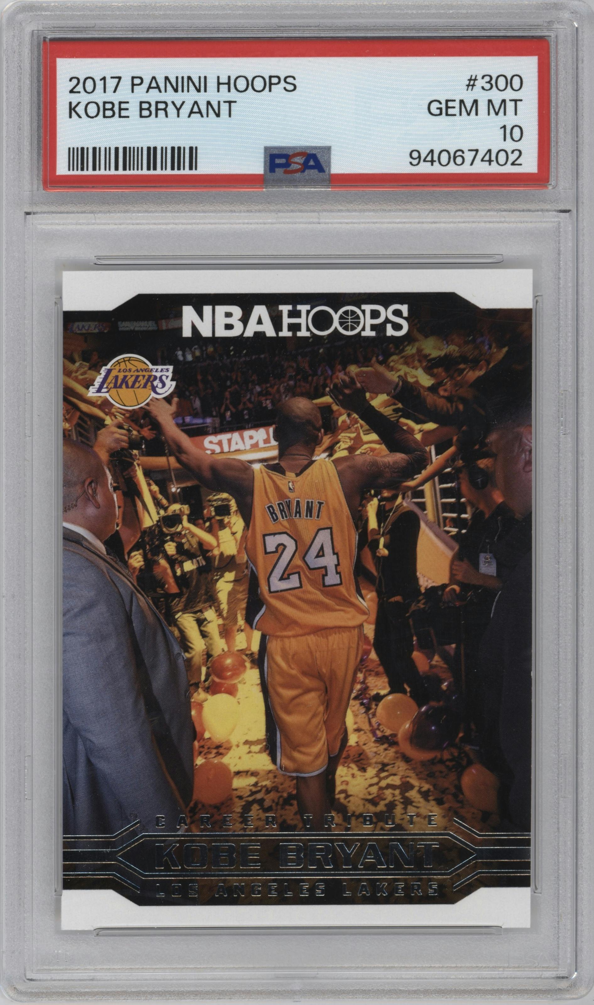 Kobe Bryant from the 2017-18 Panini NBA Hoops set graded by PSA and given an overall grade of 10.