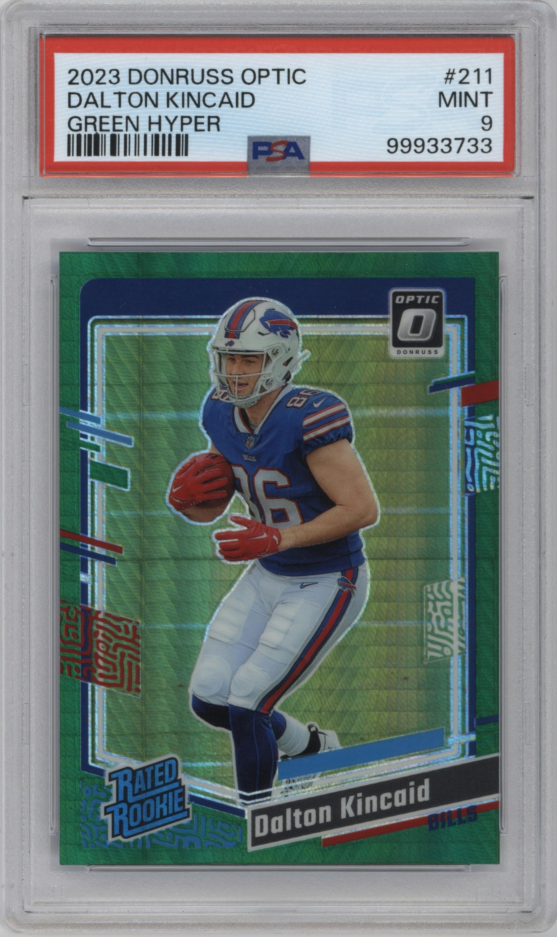 Dalton Kincaid from the 2023 Donruss Optic set featuring a Hyper Green parallel graded by PSA and given an overall grade of 9.
