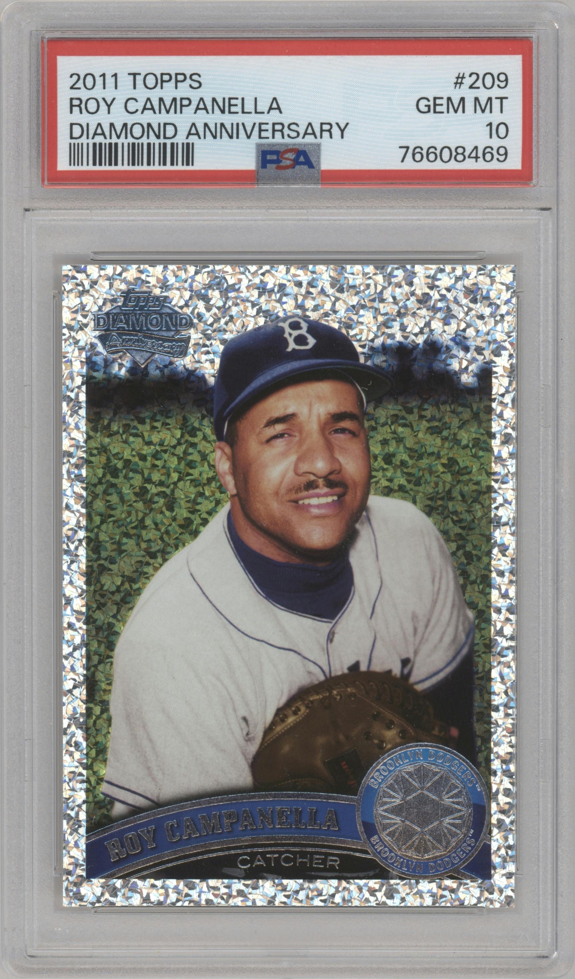 Roy Campanella  from the 2011 Topps set featuring a Diamond Anniversary parallel graded by PSA and given an overall grade of 10.