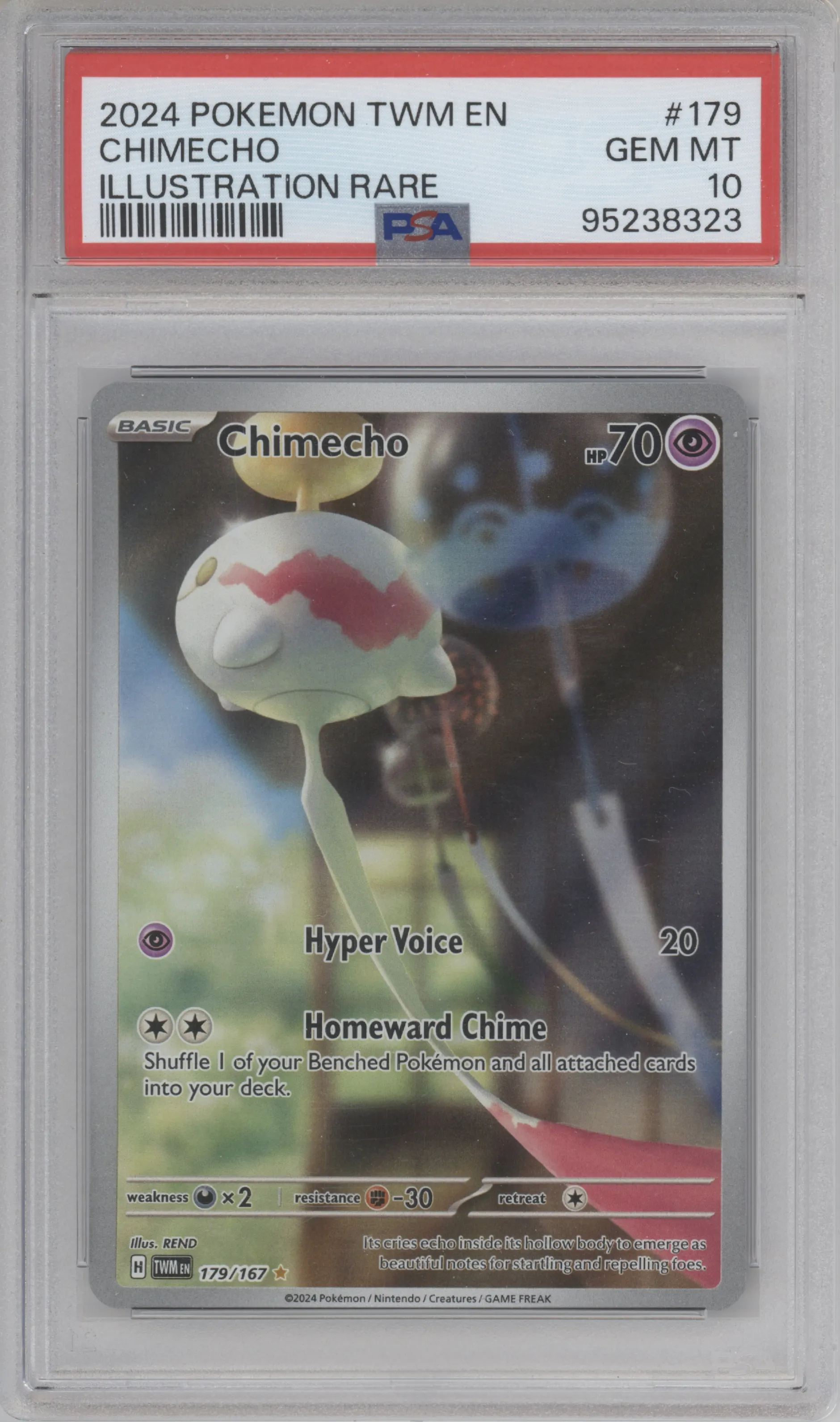 Chimecho from the 2024 Pokemon SV set graded by PSA and given an overall grade of 10.