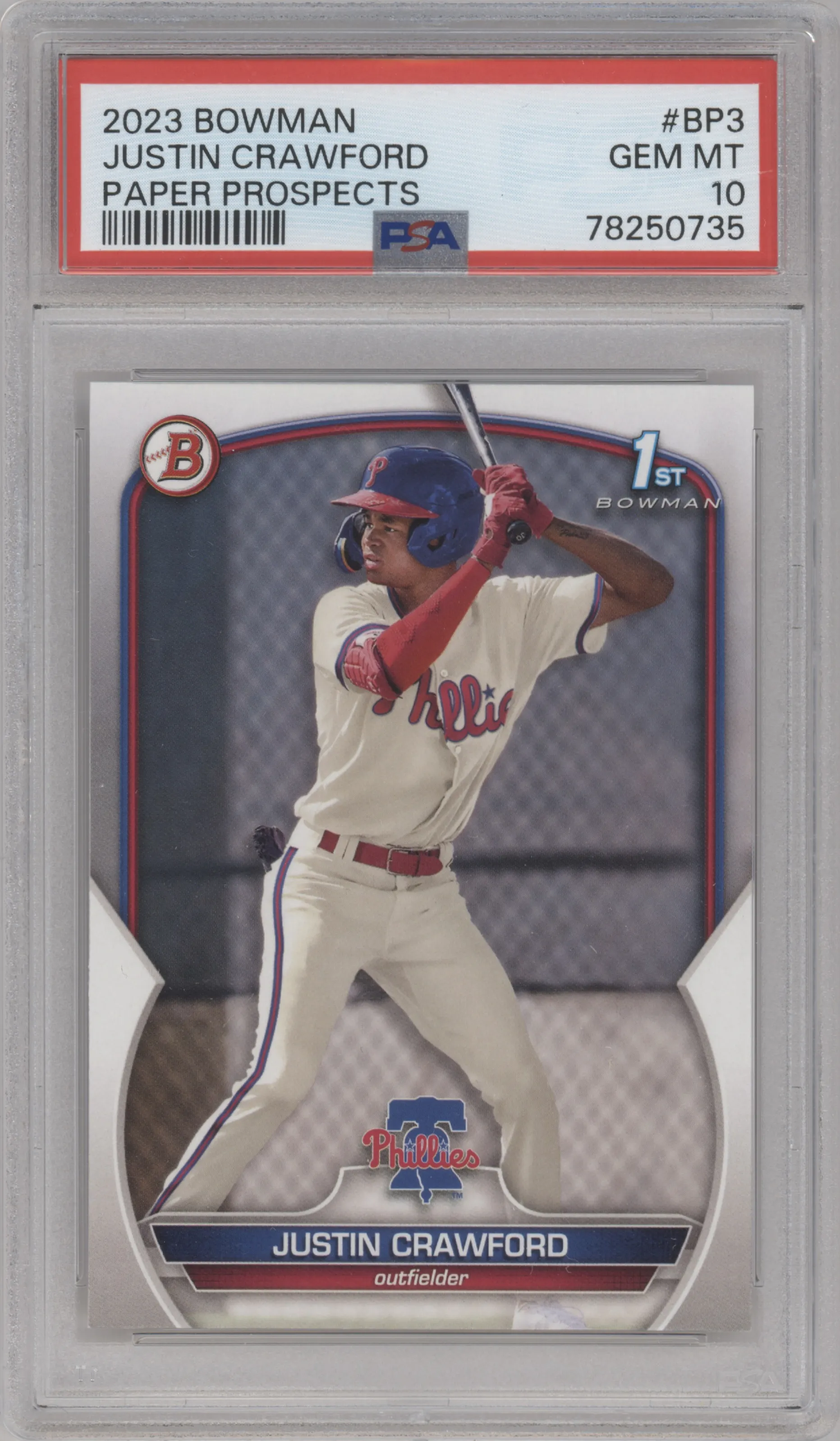 Justin Crawford from the 2023 Bowman  set graded by PSA and given an overall grade of 10.