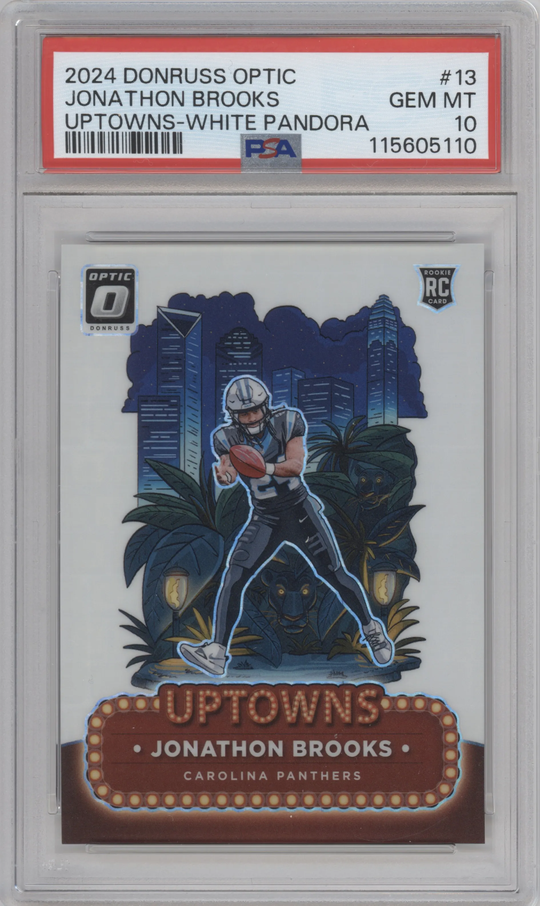 Jonathon Brooks  from the 2024 Donruss Optic set featuring a White Pandora parallel graded by PSA and given an overall grade of 10.