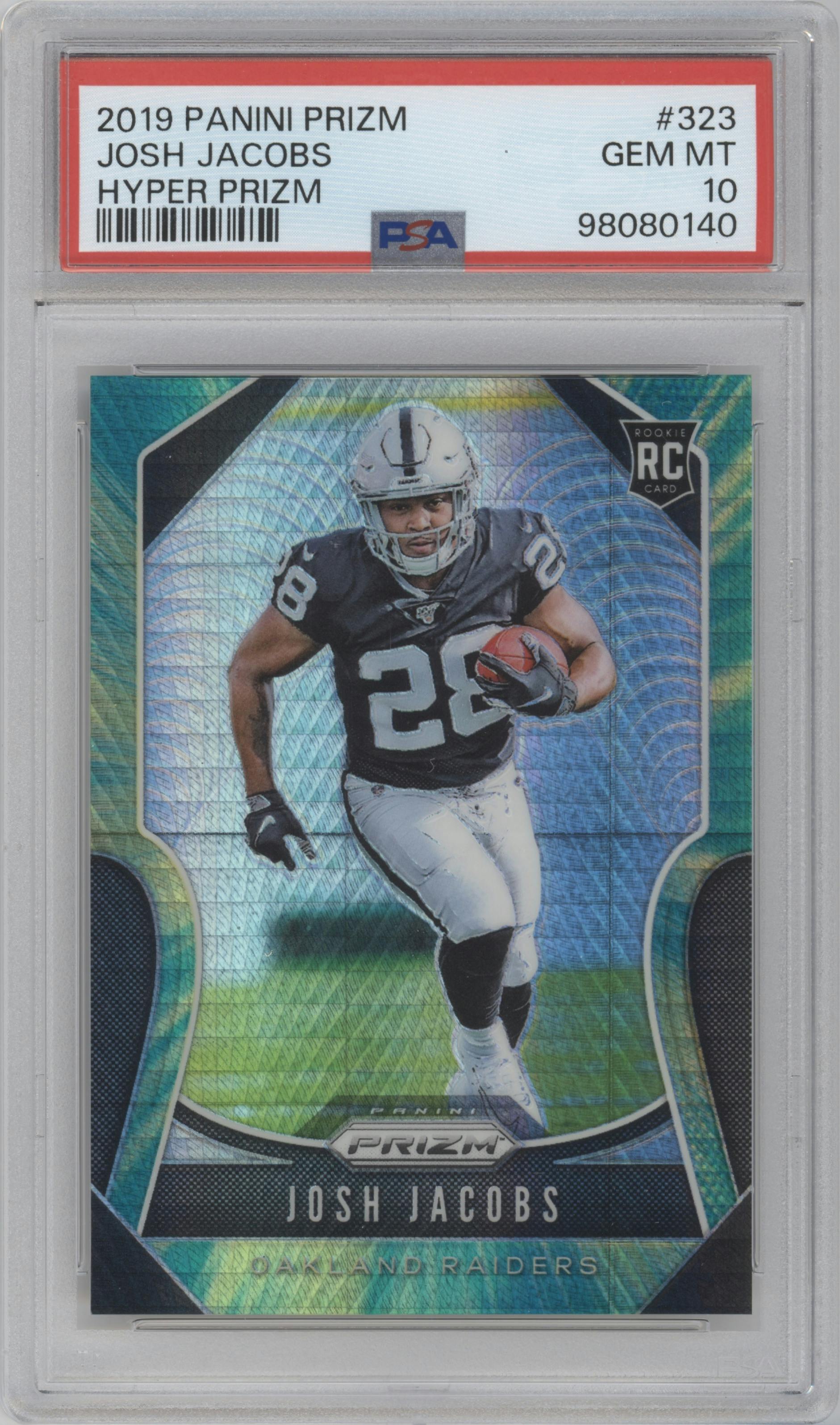 Josh Jacobs from the 2019 Panini Prizm set featuring a Hyper Prizm parallel graded by PSA and given an overall grade of 10.