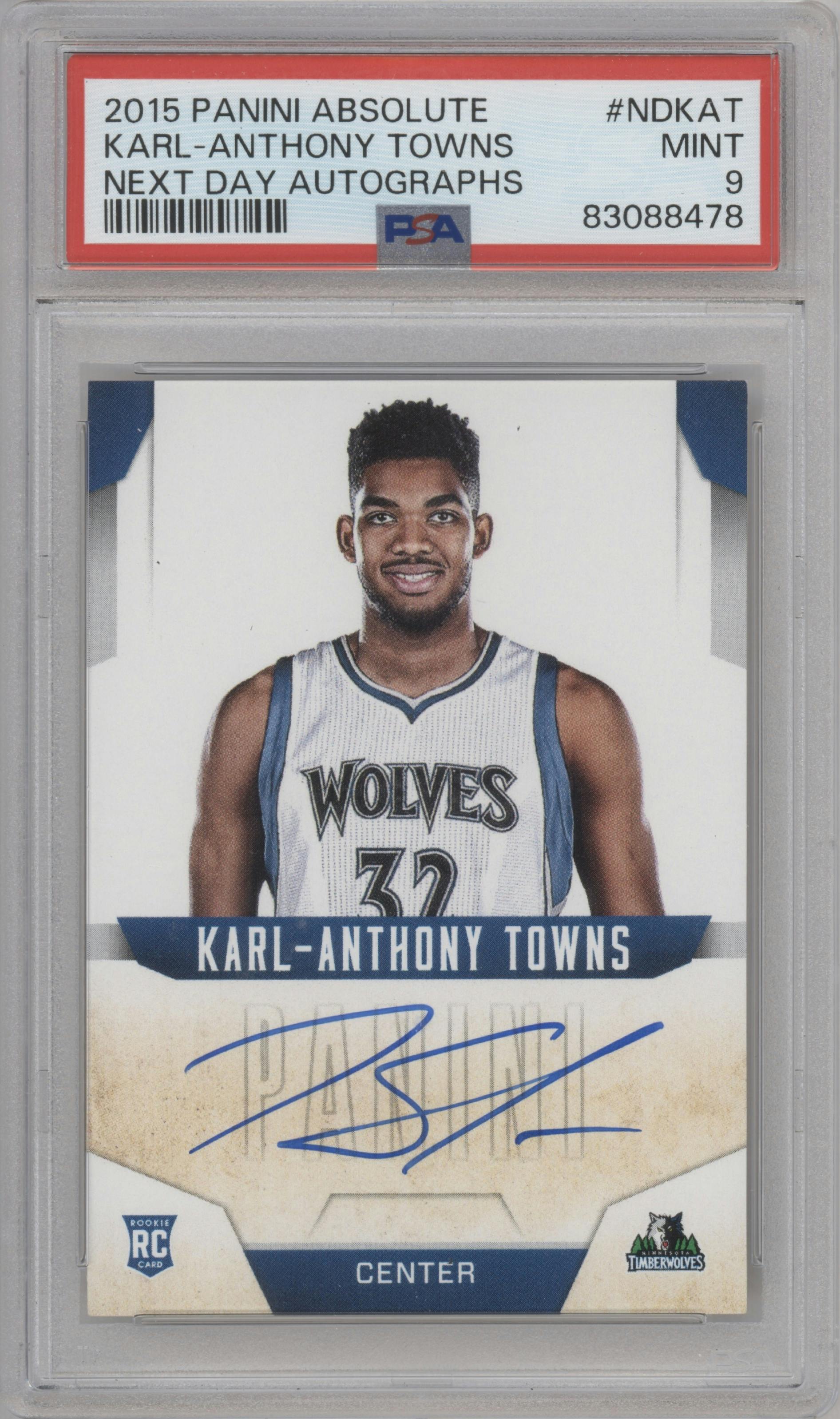 Karl-Anthony Towns from the 2015-16 Panini Absolute set graded by PSA and given an overall grade of 9.