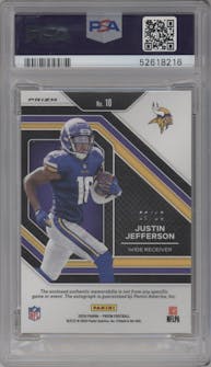 Justin Jefferson from the 2020 Panini Prizm set featuring a Gold Prizm parallel graded by PSA and given an overall grade of 10.