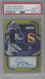 Justin Jefferson from the 2020 Panini Prizm set featuring a Gold Prizm parallel graded by PSA and given an overall grade of 10.