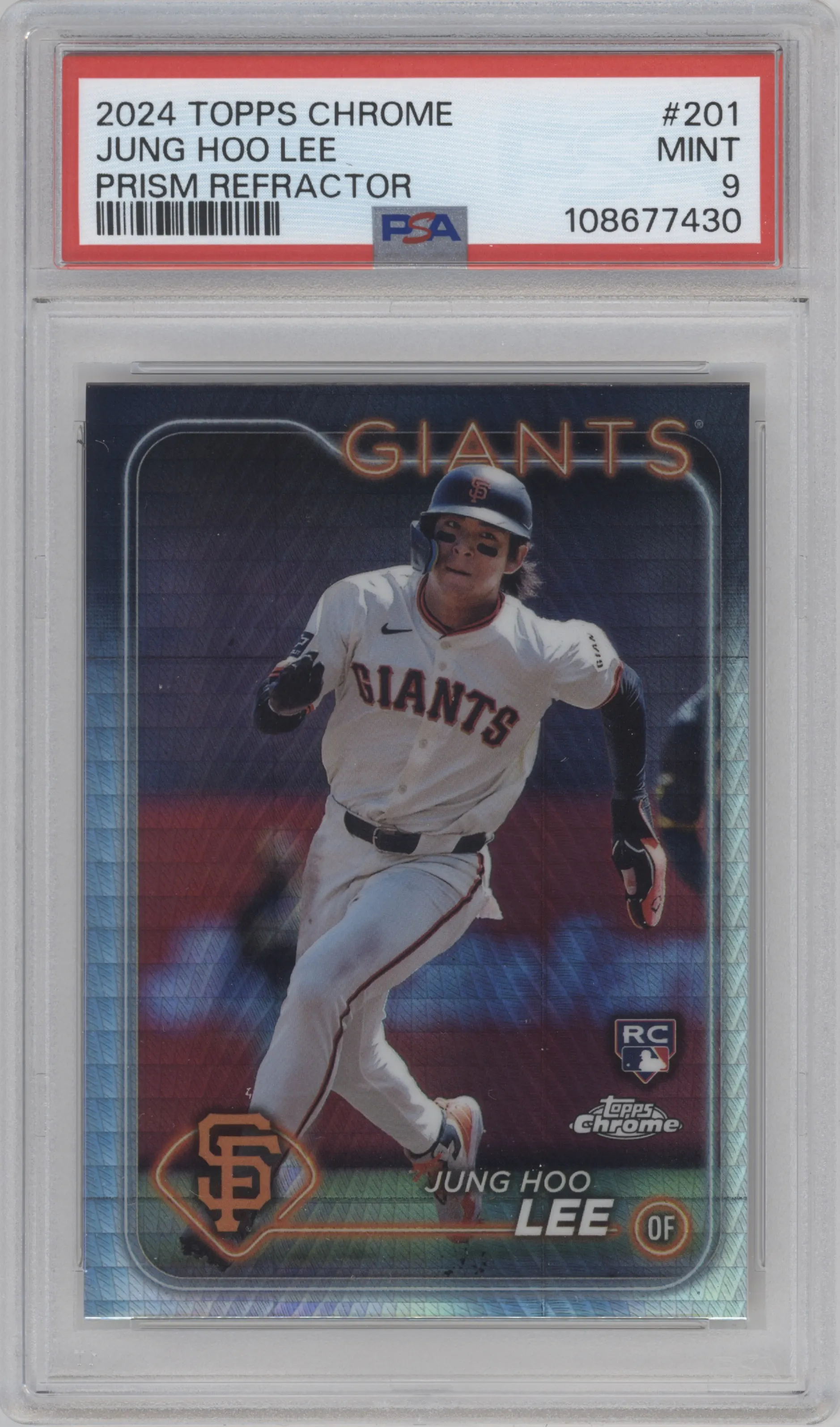 Jung Hoo Lee from the 2024 Topps Chrome set featuring a Prism Refractor parallel graded by PSA and given an overall grade of 9.