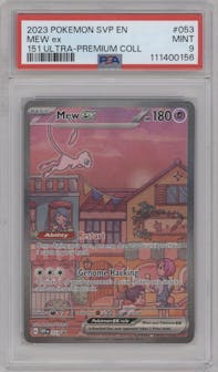 Mew ex from the 2023 Pokemon SV set featuring a Scarlet & Violet 151 Ultra Premium Collection parallel graded by PSA and given an overall grade of 9.