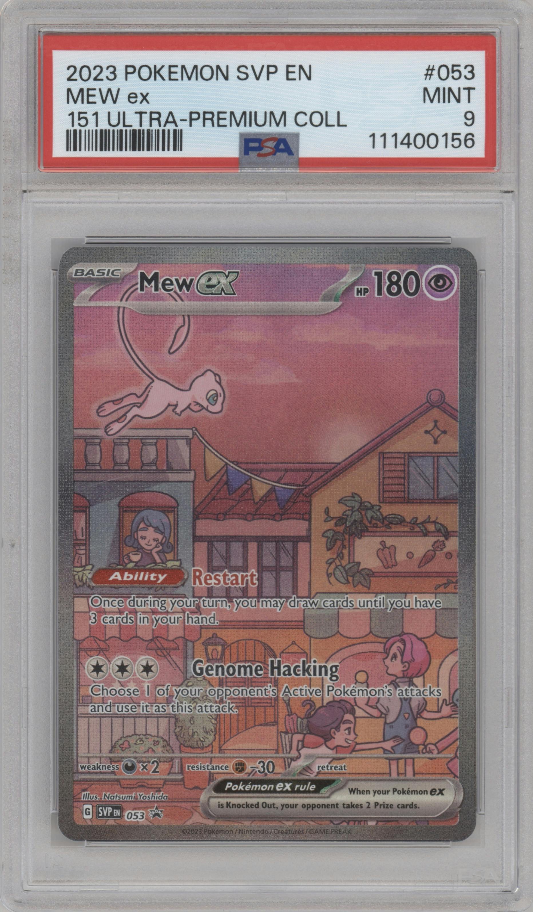 Mew ex from the 2023 Pokemon SV set featuring a Scarlet & Violet 151 Ultra Premium Collection parallel graded by PSA and given an overall grade of 9.