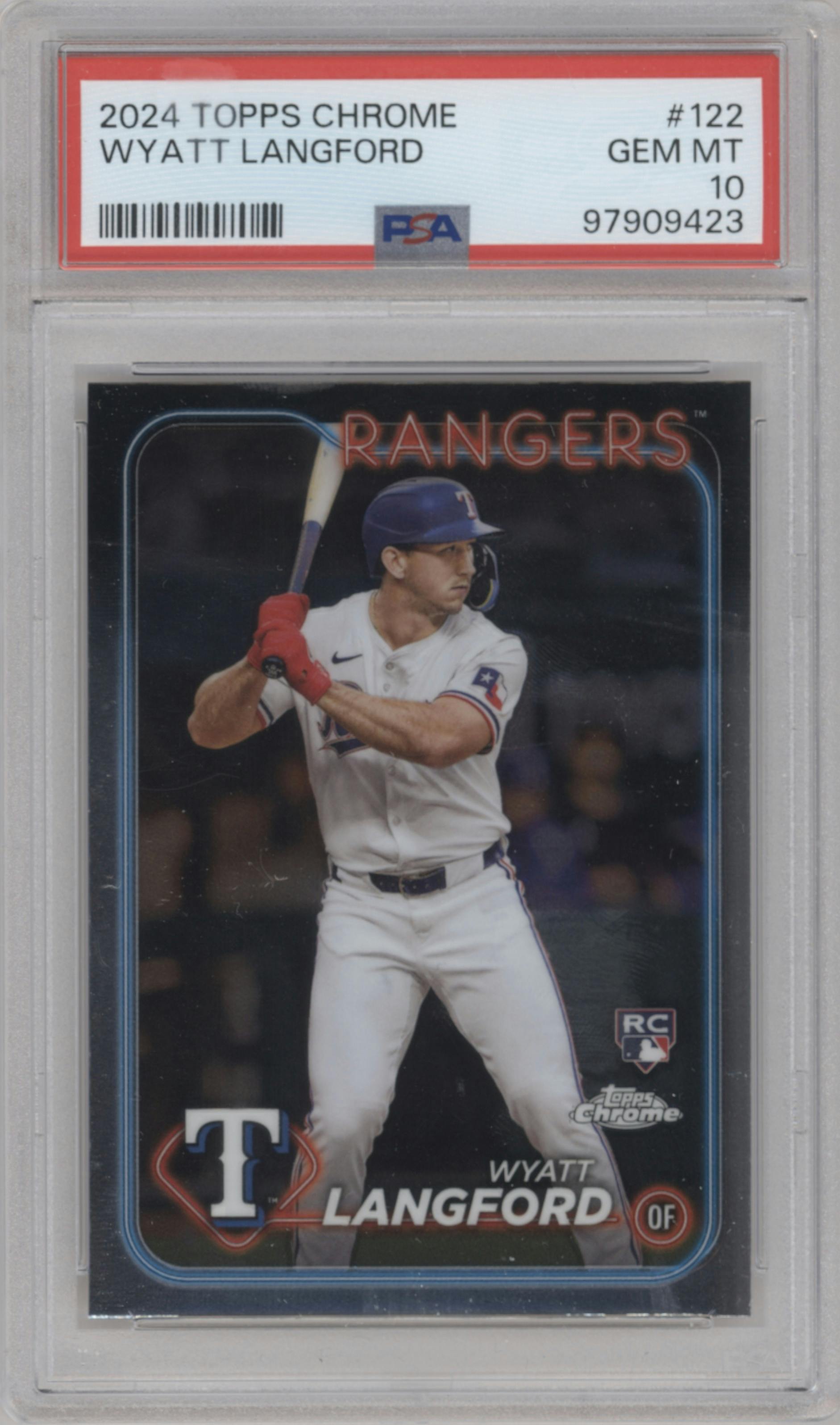 Wyatt Langford from the 2024 Topps Chrome set graded by PSA and given an overall grade of 10.