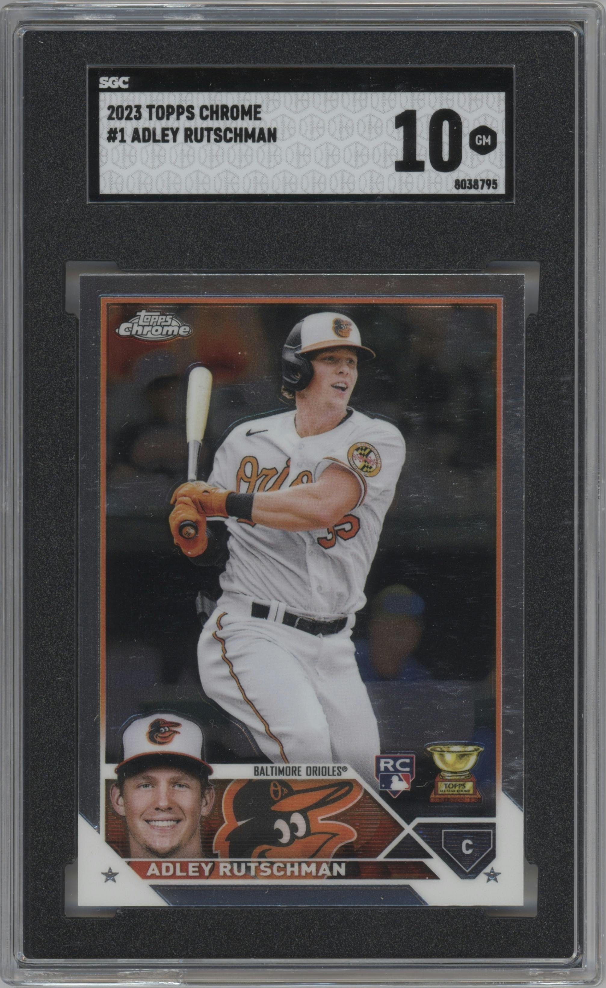 Adley Rutschman from the 2023 Topps Chrome set graded by SGC and given an overall grade of 10.