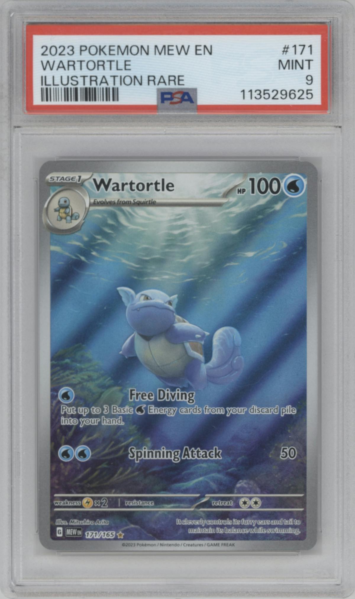 Wartortle from the 2023 Pokemon SV set graded by PSA and given an overall grade of 9.