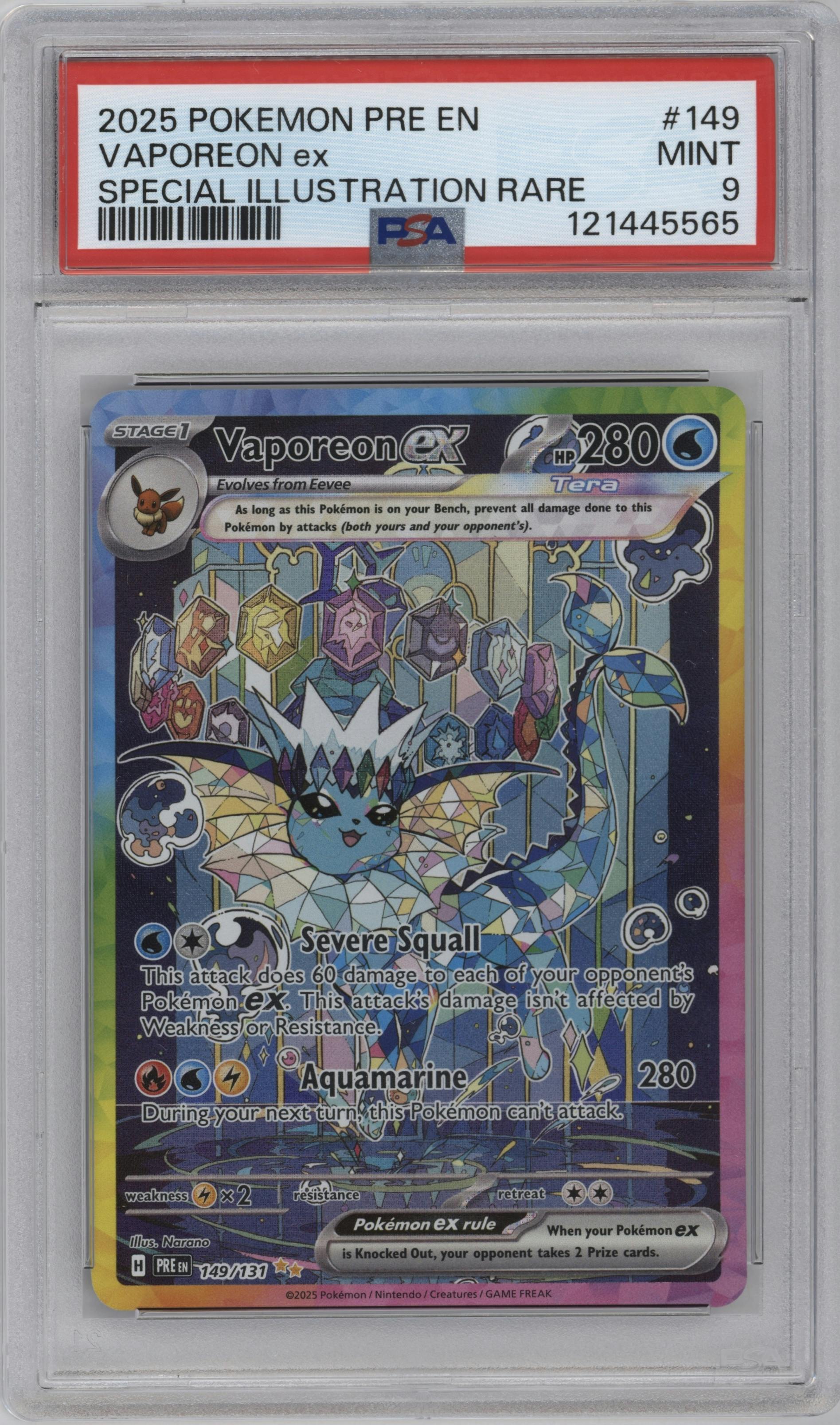 Vaporeon ex from the 2025 Pokemon SV set graded by PSA and given an overall grade of 9.