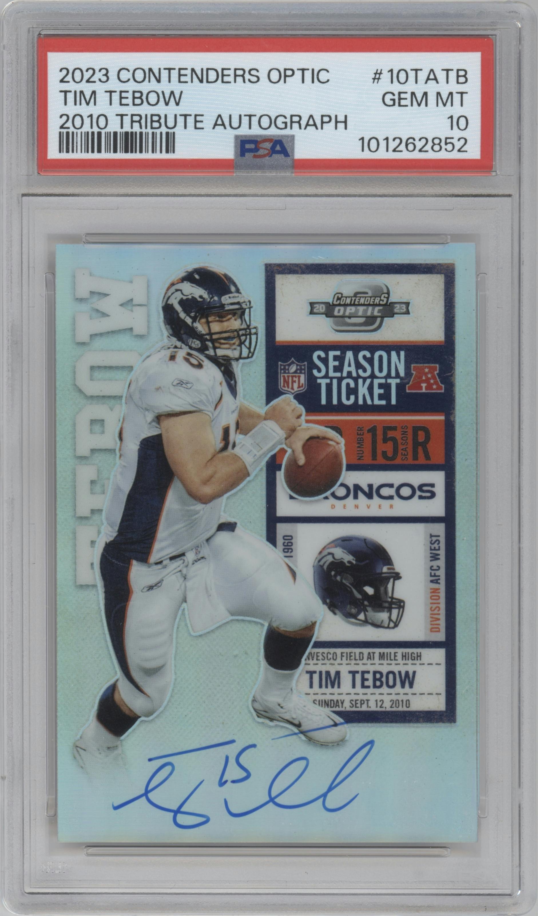 Tim Tebow from the 2023 Panini Contenders Optic set graded by PSA and given an overall grade of 10.