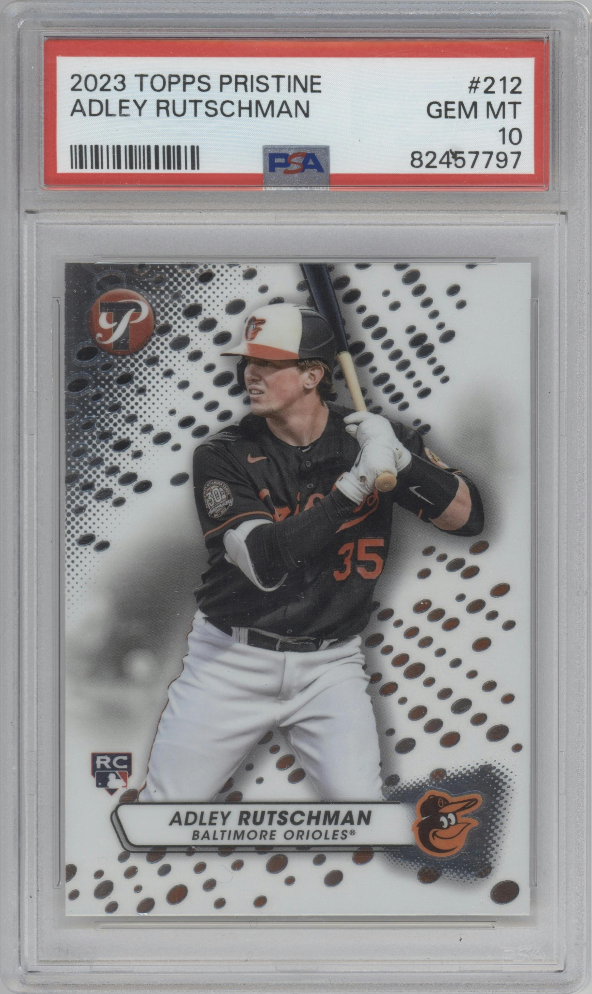 Adley Rutschman  from the 2023 Topps Pristine set graded by PSA and given an overall grade of 10.