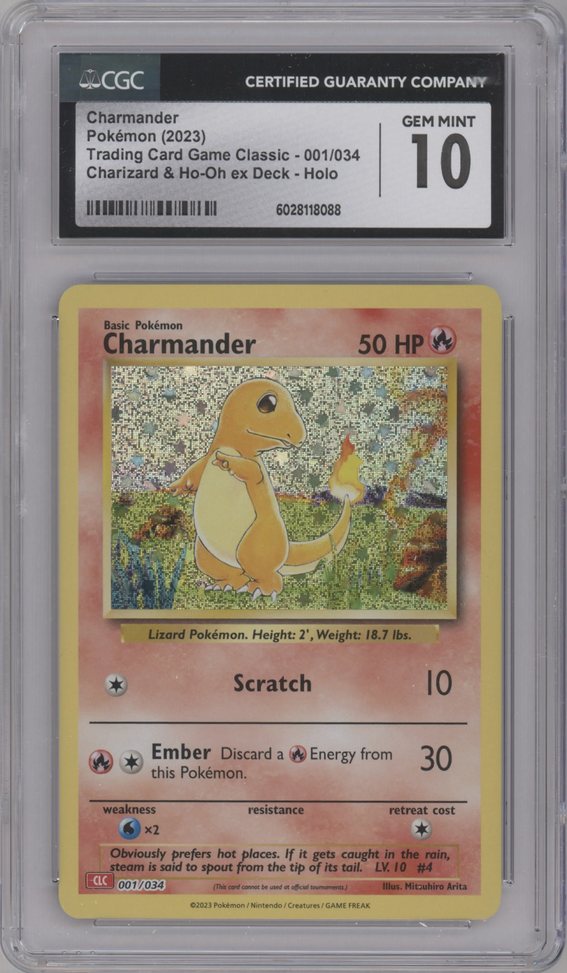 Charmander from the 2023 Pokemon CLC set graded by CSG and given an overall grade of 10.