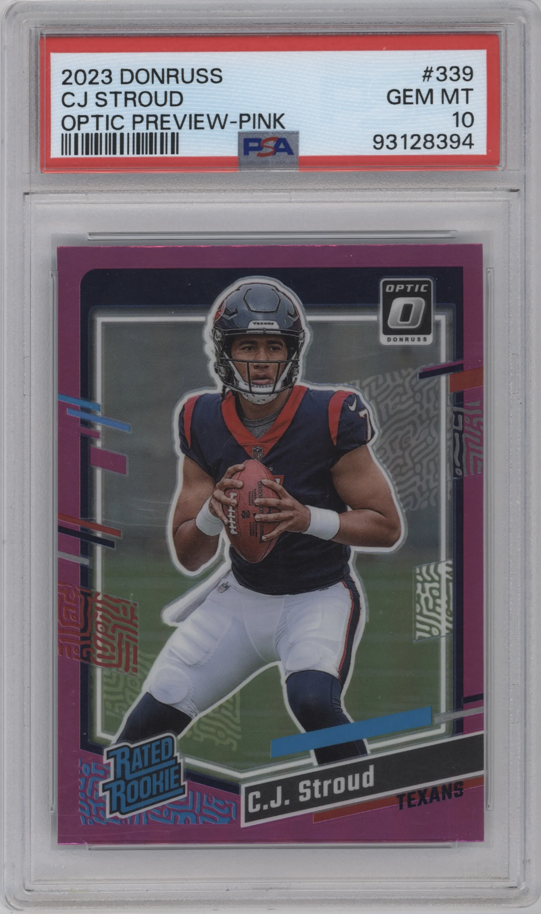 C.J. Stroud from the 2023 Panini Donruss set featuring a Pink parallel graded by PSA and given an overall grade of 10.