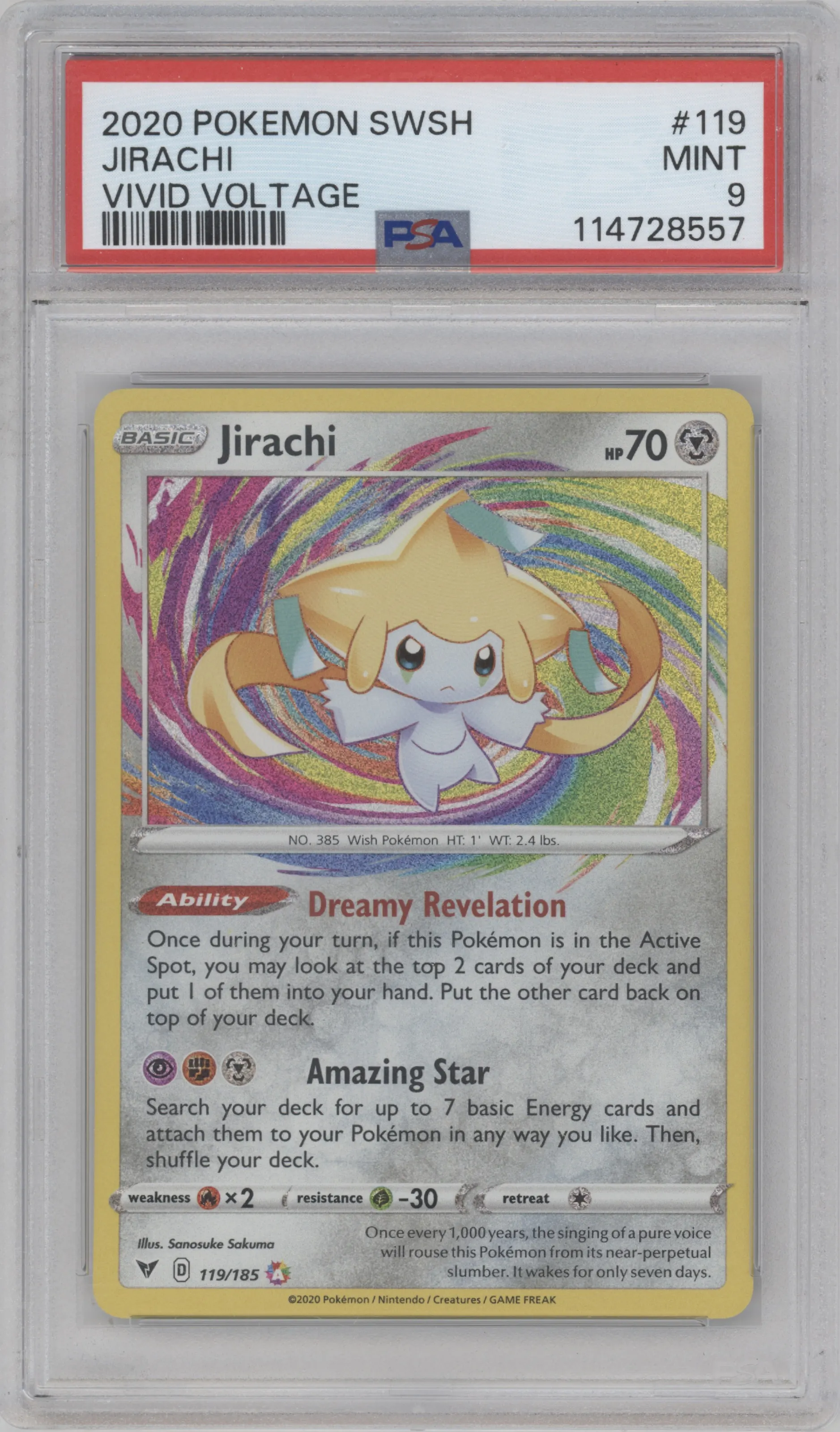 Jirachi from the 2020 Pokemon SWSH set graded by PSA and given an overall grade of 9.