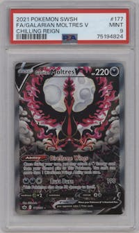 Galarian Moltres V from the 2021 Pokemon SWSH set graded by PSA and given an overall grade of 9.