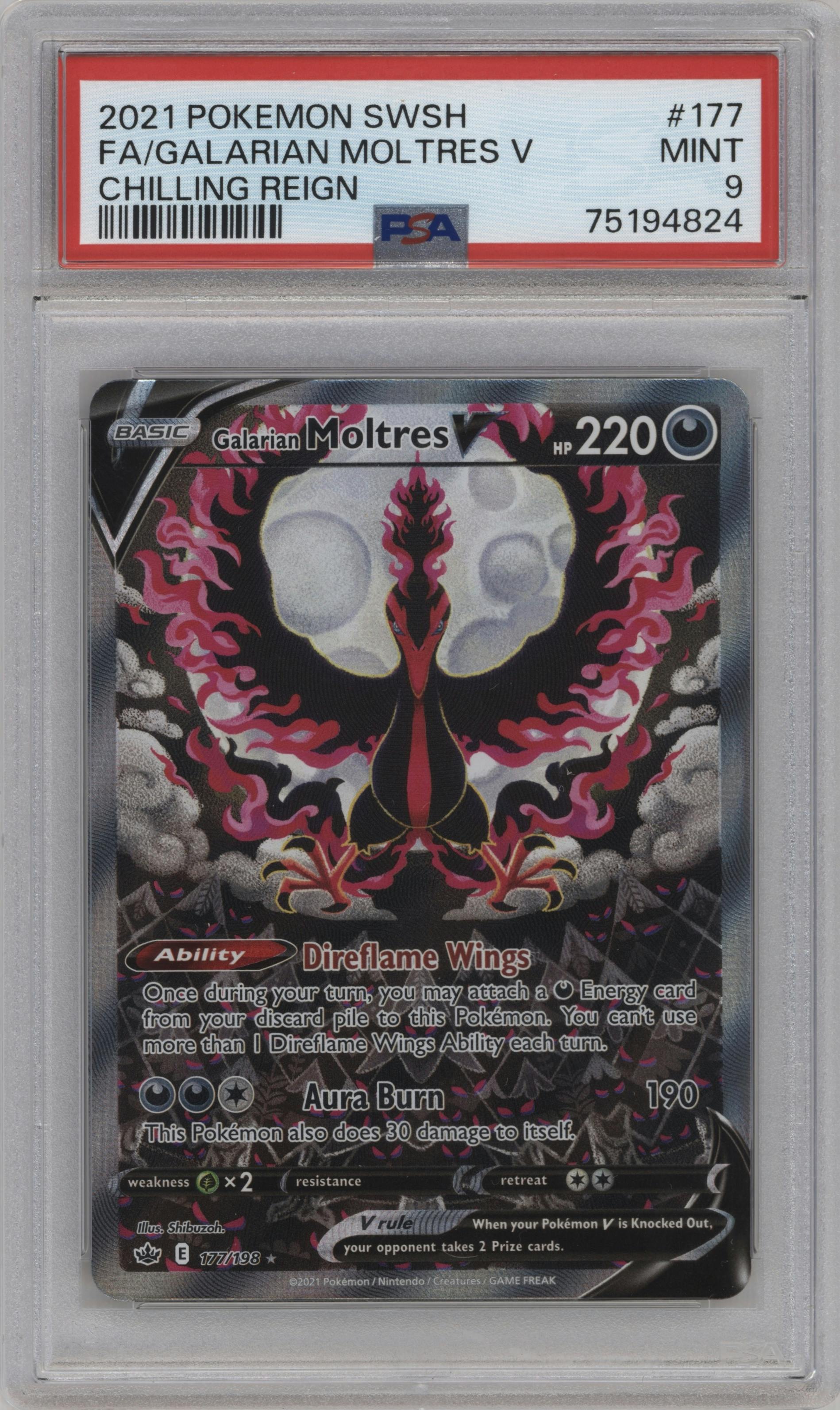 Galarian Moltres V from the 2021 Pokemon SWSH set graded by PSA and given an overall grade of 9.