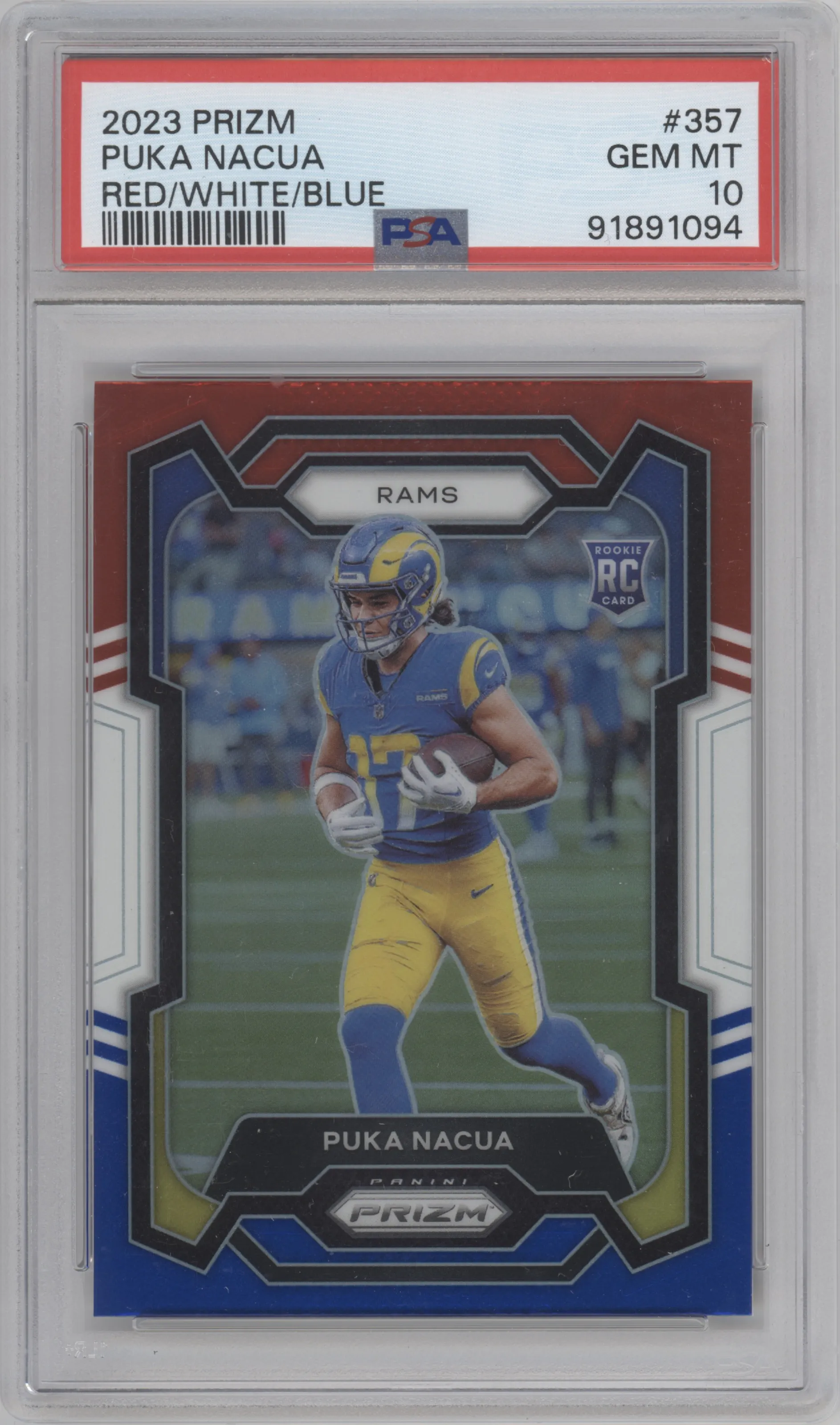 Puka Nacua from the 2023 Panini Prizm set featuring a Red/White/Blue parallel graded by PSA and given an overall grade of 10.