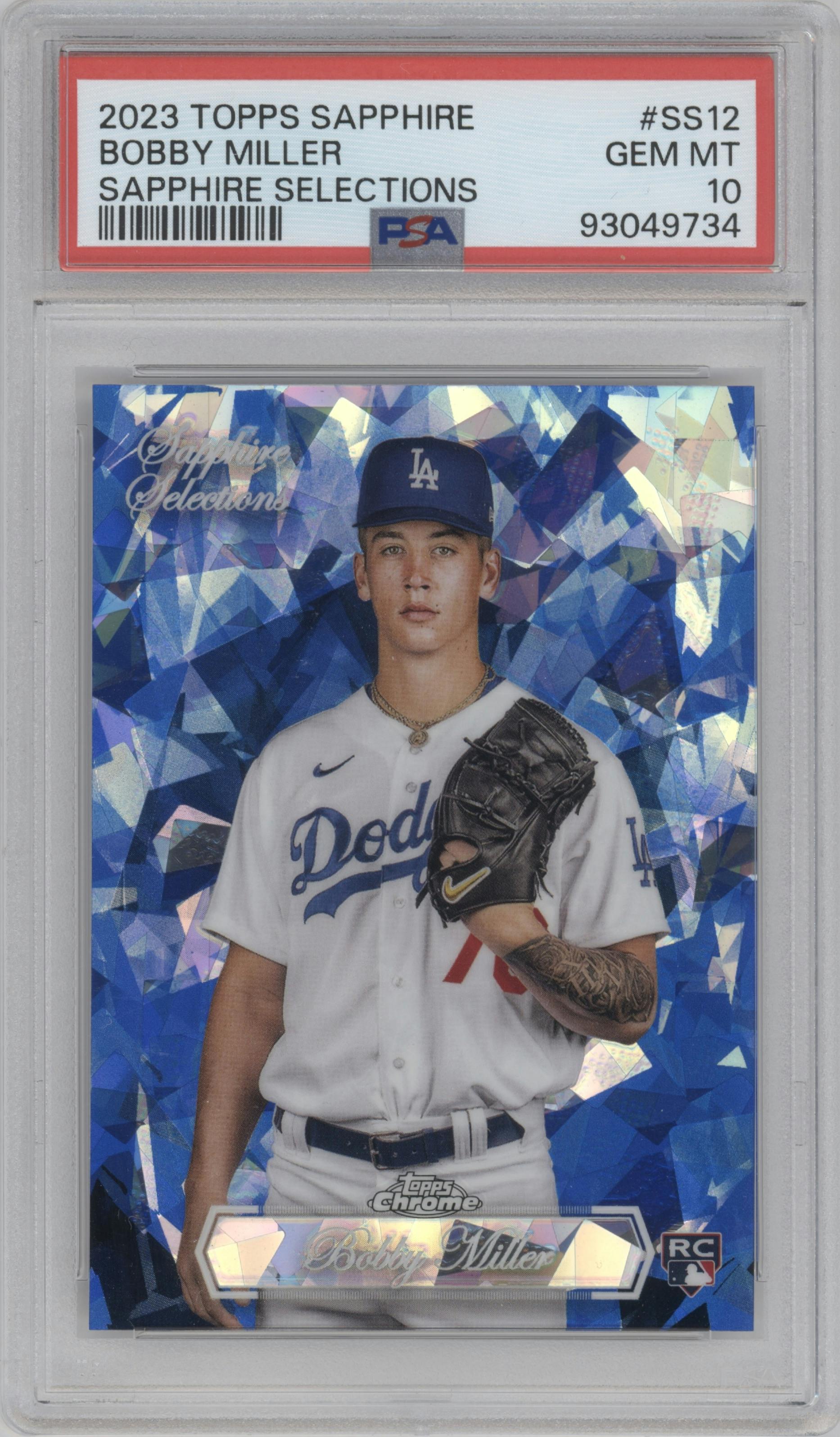 Bobby Miller from the 2023 Topps Chrome Sapphire set graded by PSA and given an overall grade of 10.