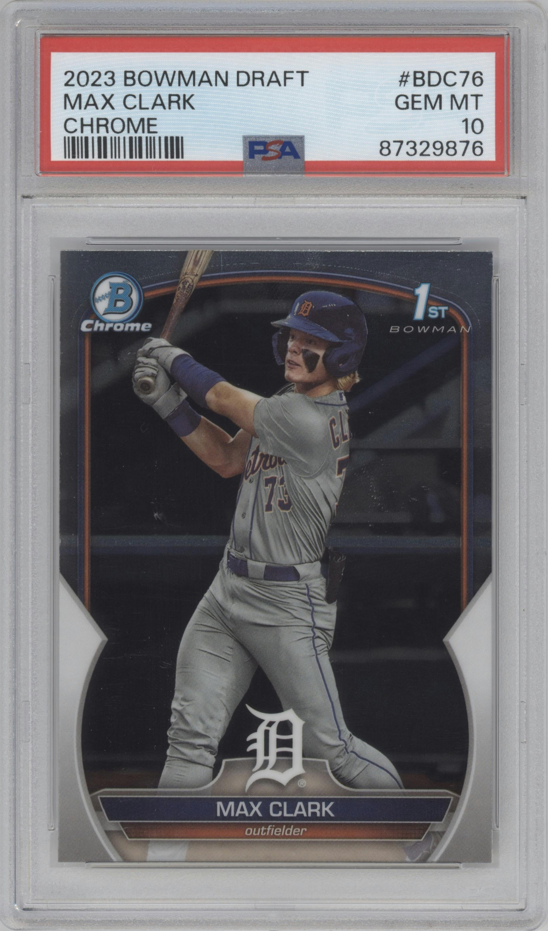 Max Clark from the 2023 Bowman Draft set graded by PSA and given an overall grade of 10.