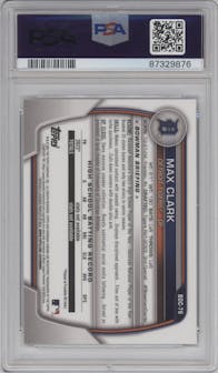 Max Clark from the 2023 Bowman Draft set graded by PSA and given an overall grade of 10.