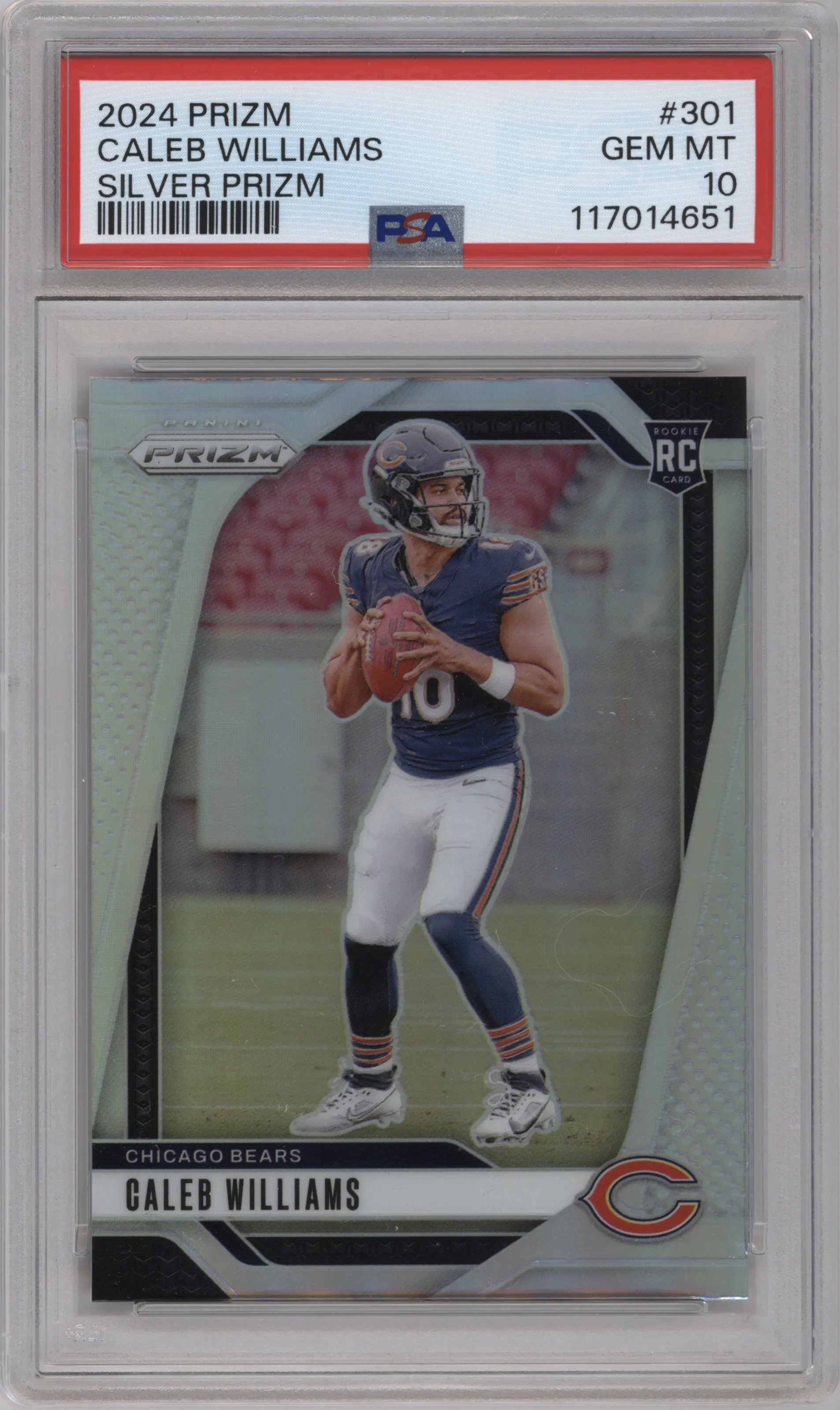 Caleb Williams from the 2024 Panini Prizm set featuring a Silver Prizm parallel graded by PSA and given an overall grade of 10.