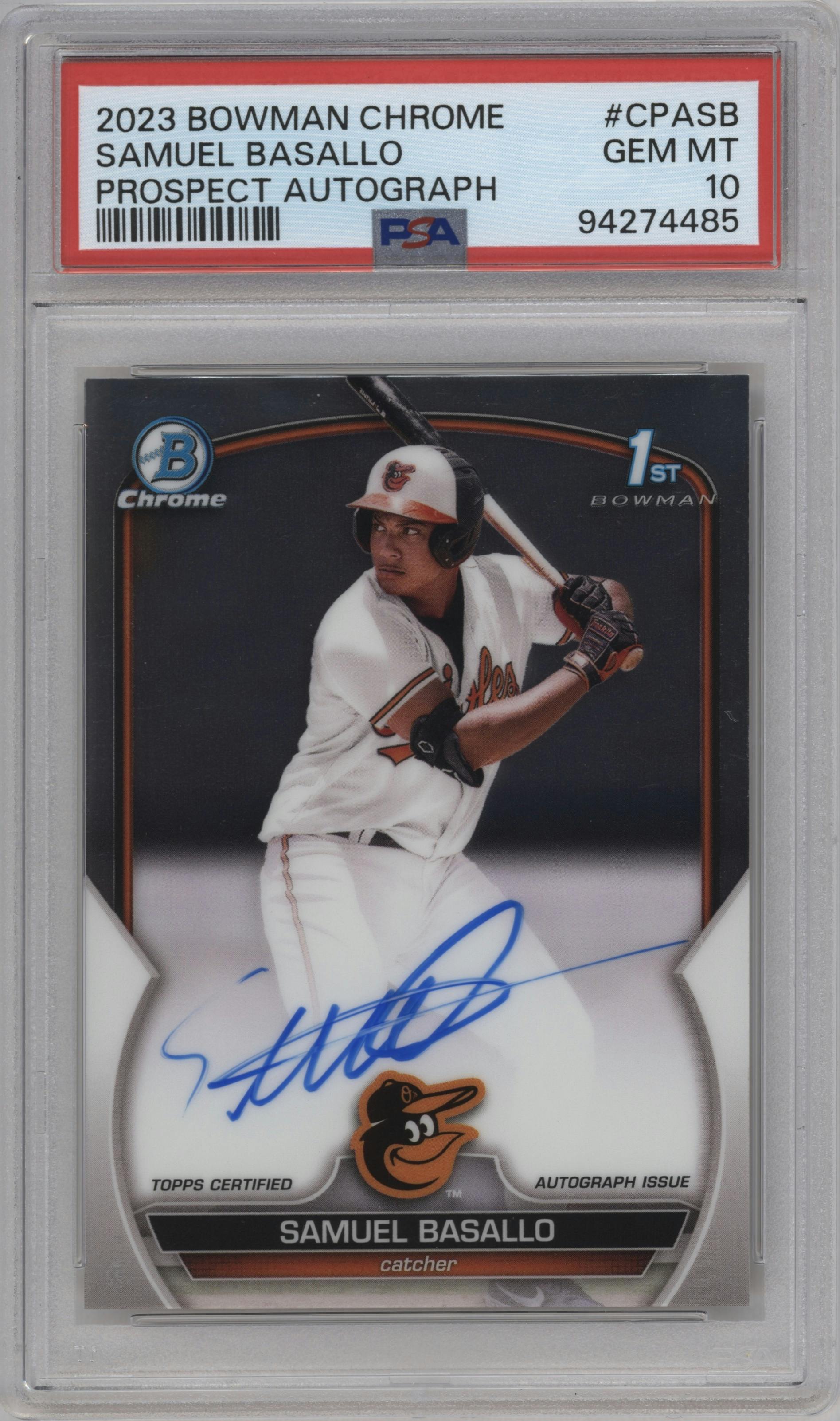 Samuel Basallo from the 2023 Bowman Chrome set graded by PSA and given an overall grade of 10.