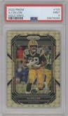 AJ Dillon from the 2022 Panini Prizm set featuring a Gold Vinyl parallel graded by PSA and given an overall grade of 9.