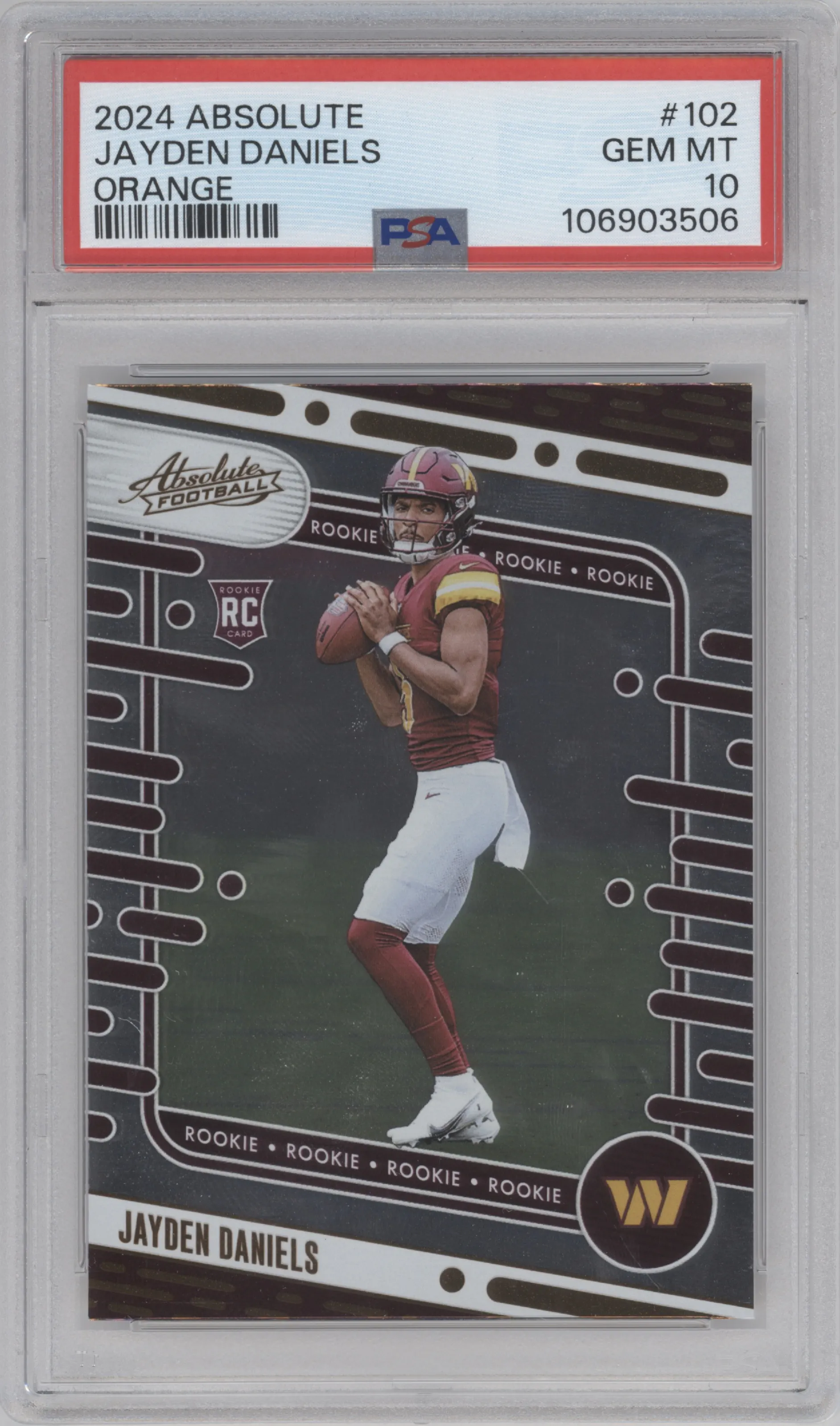 Jayden Daniels from the 2024 Panini Absolute set featuring a Orange parallel graded by PSA and given an overall grade of 10.