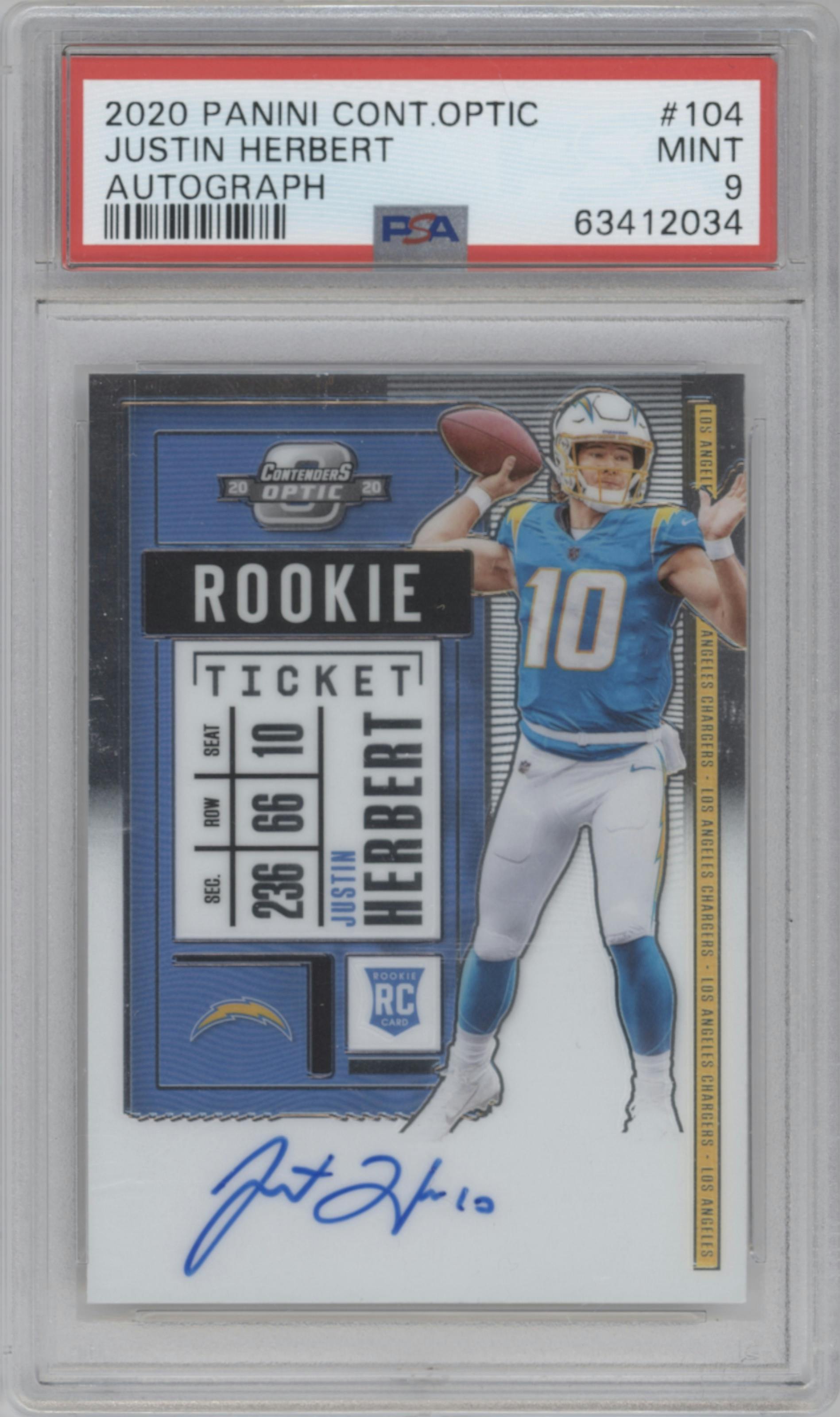 Justin Herbert from the 2020 Panini Contenders Optic set graded by PSA and given an overall grade of 9.