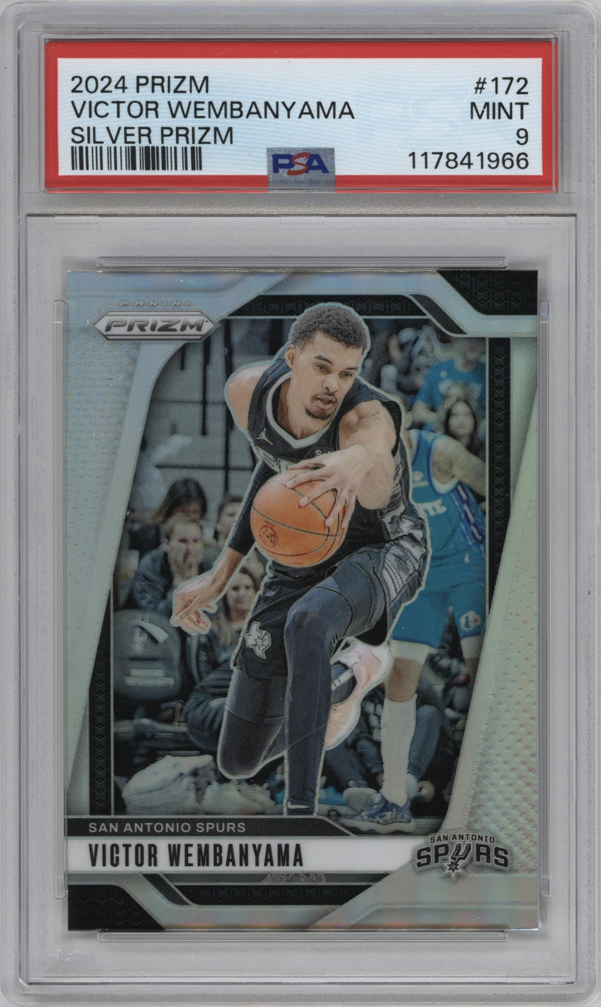 Victor Wembanyama from the 2024-25 Panini Prizm set featuring a Silver Prizm parallel graded by PSA and given an overall grade of 9.