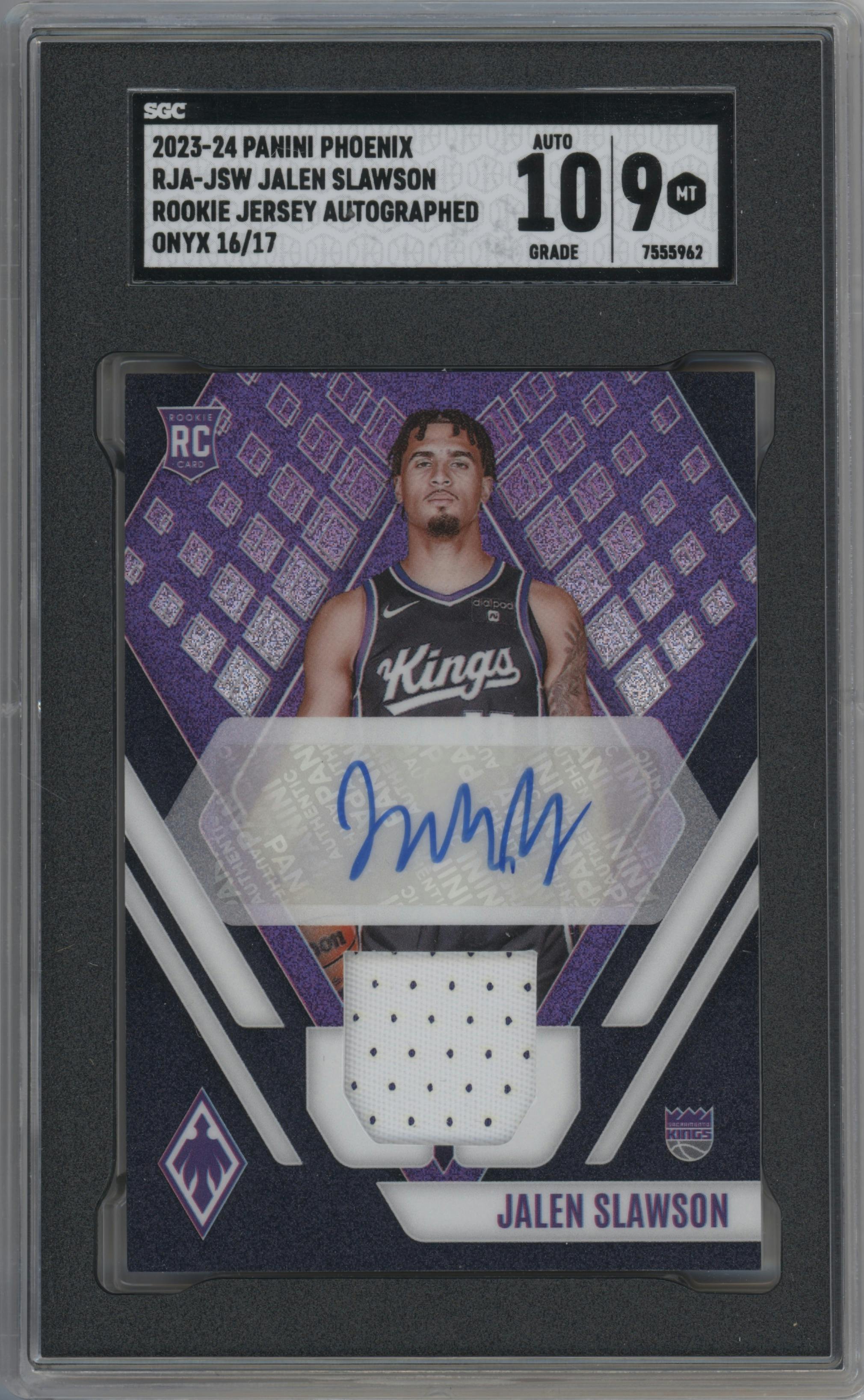 Jalen Slawson from the 2023-24 Panini Phoenix set featuring a Onyx FOTL parallel graded by SGC and given an overall grade of 9.