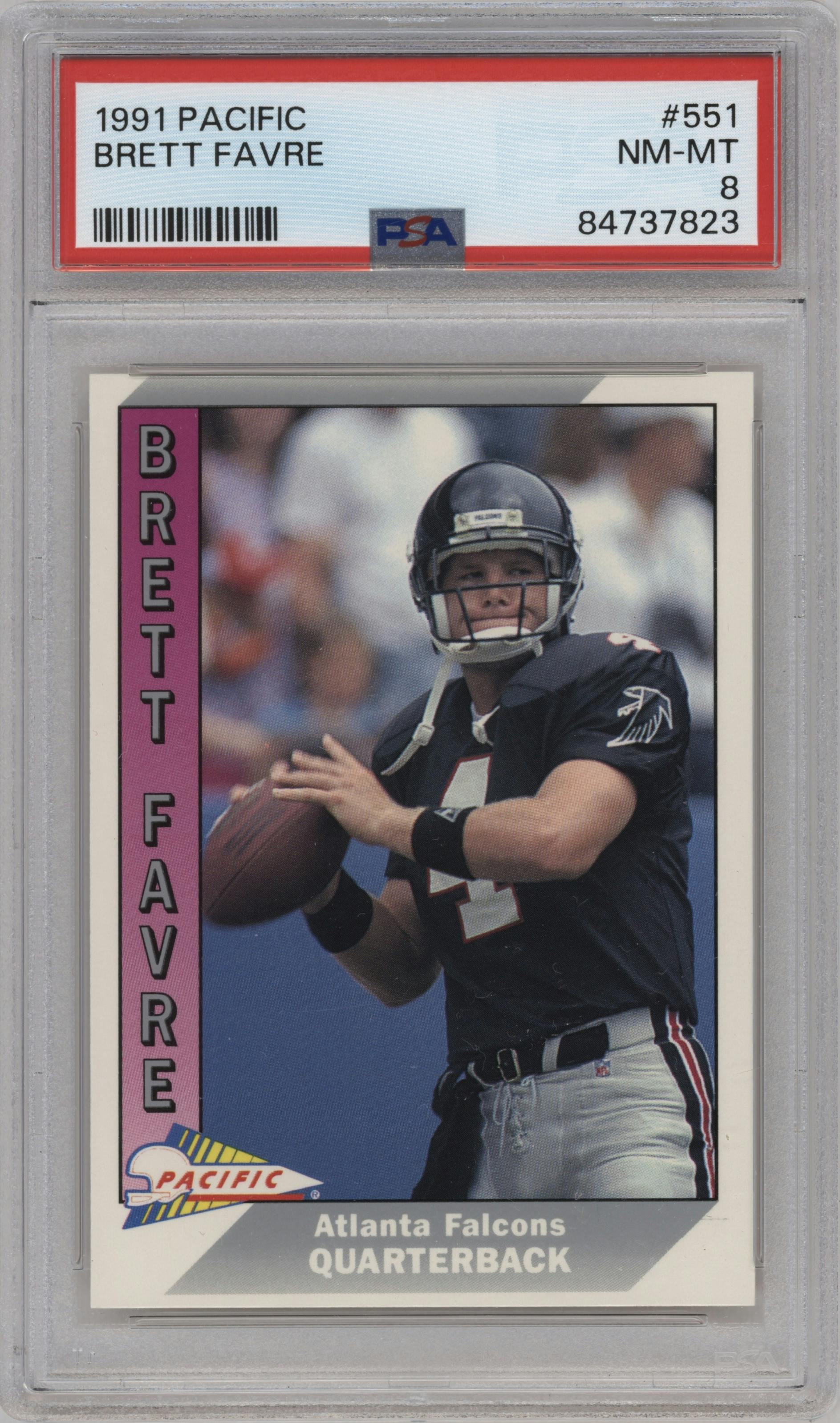 Brett Favre from the 1991 Pacific set graded by PSA and given an overall grade of 8.