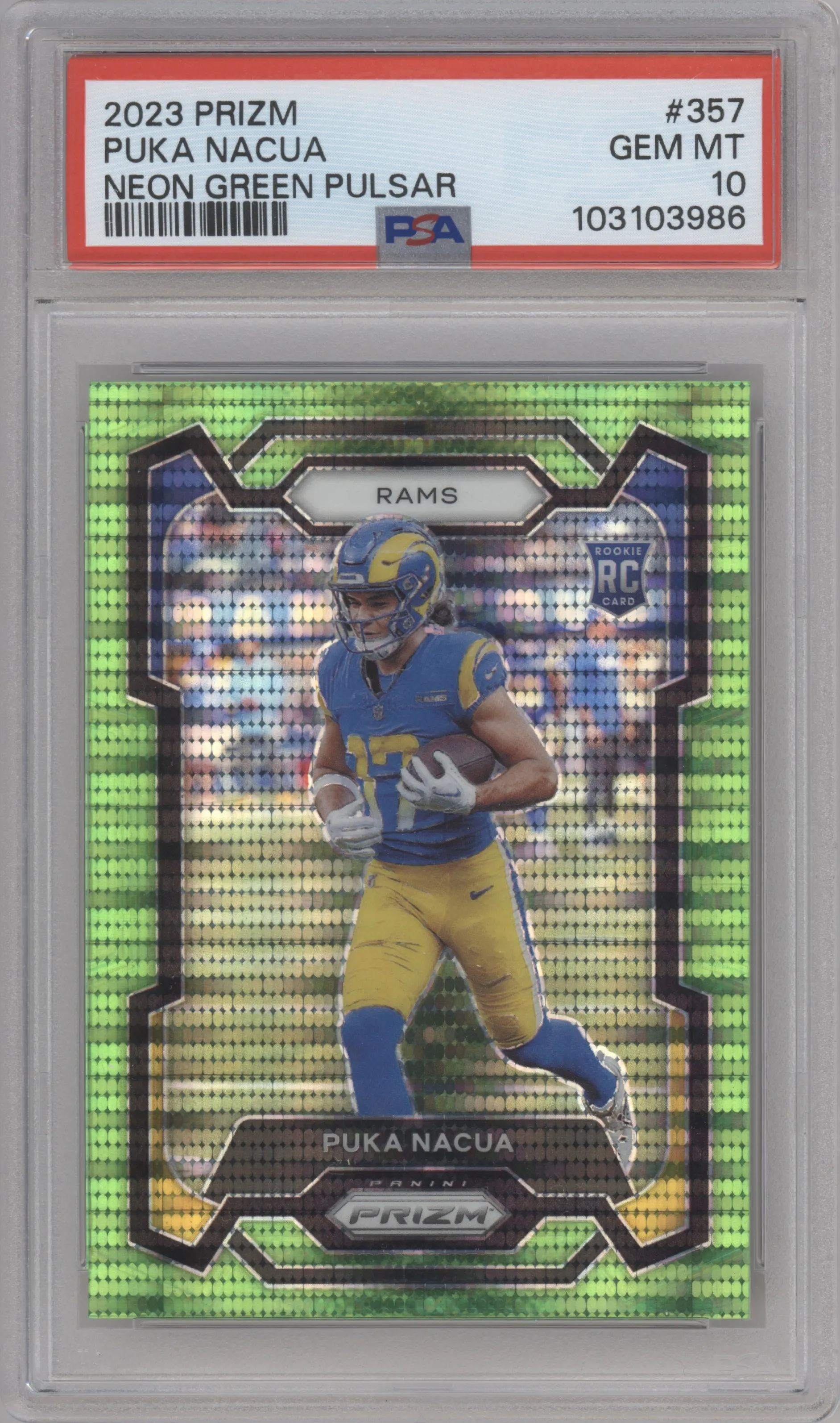 Puka Nacua from the 2023 Panini Prizm set featuring a Neon Green Pulsar parallel graded by PSA and given an overall grade of 10.