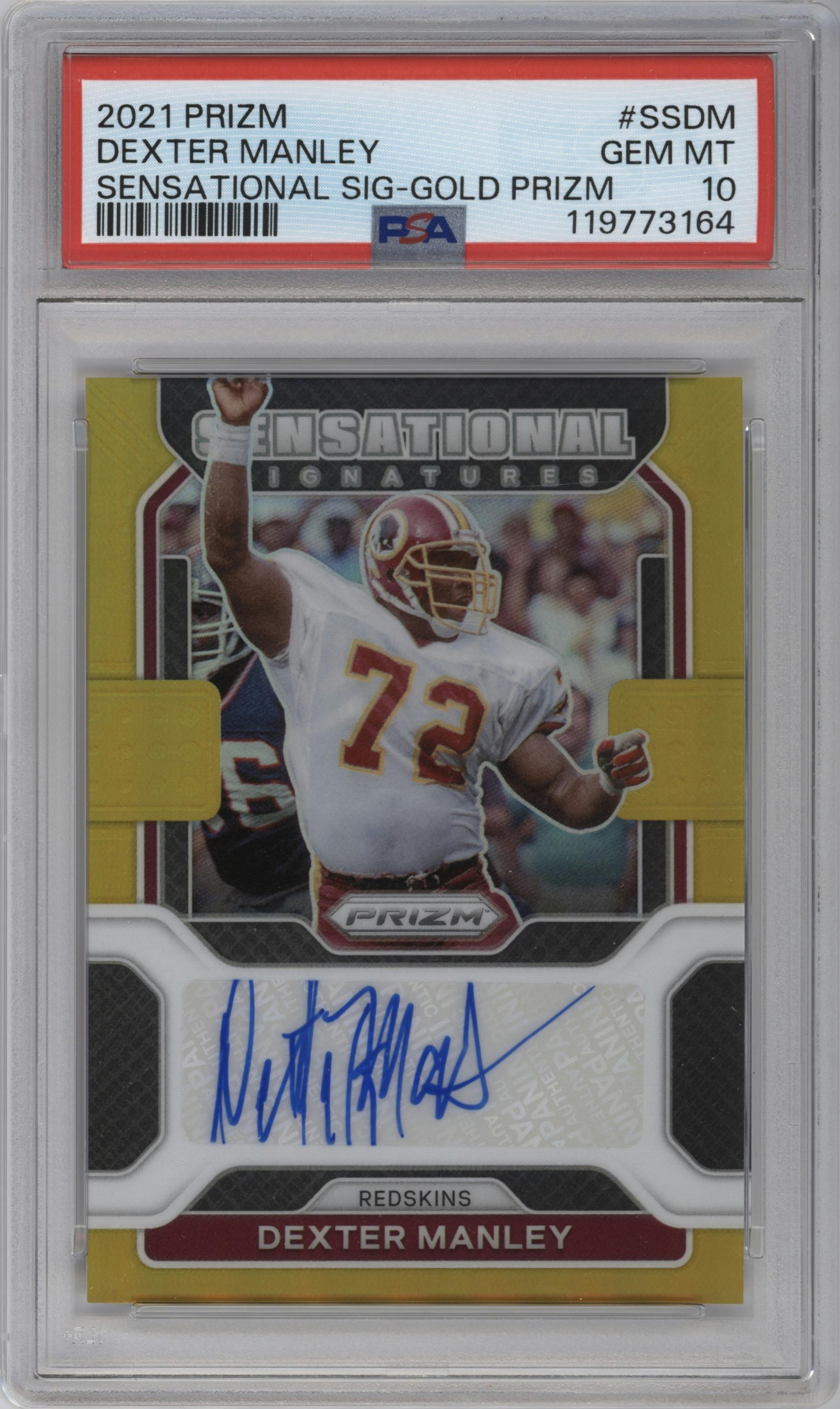 Dexter Manley from the 2021 Panini Prizm set featuring a Gold Prizm parallel graded by PSA and given an overall grade of 10.