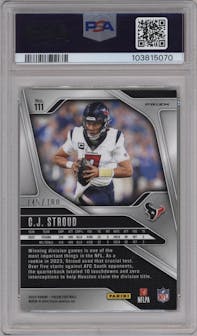 C.J. Stroud from the 2024 Panini Prizm set featuring a Hyper parallel graded by PSA and given an overall grade of 9.
